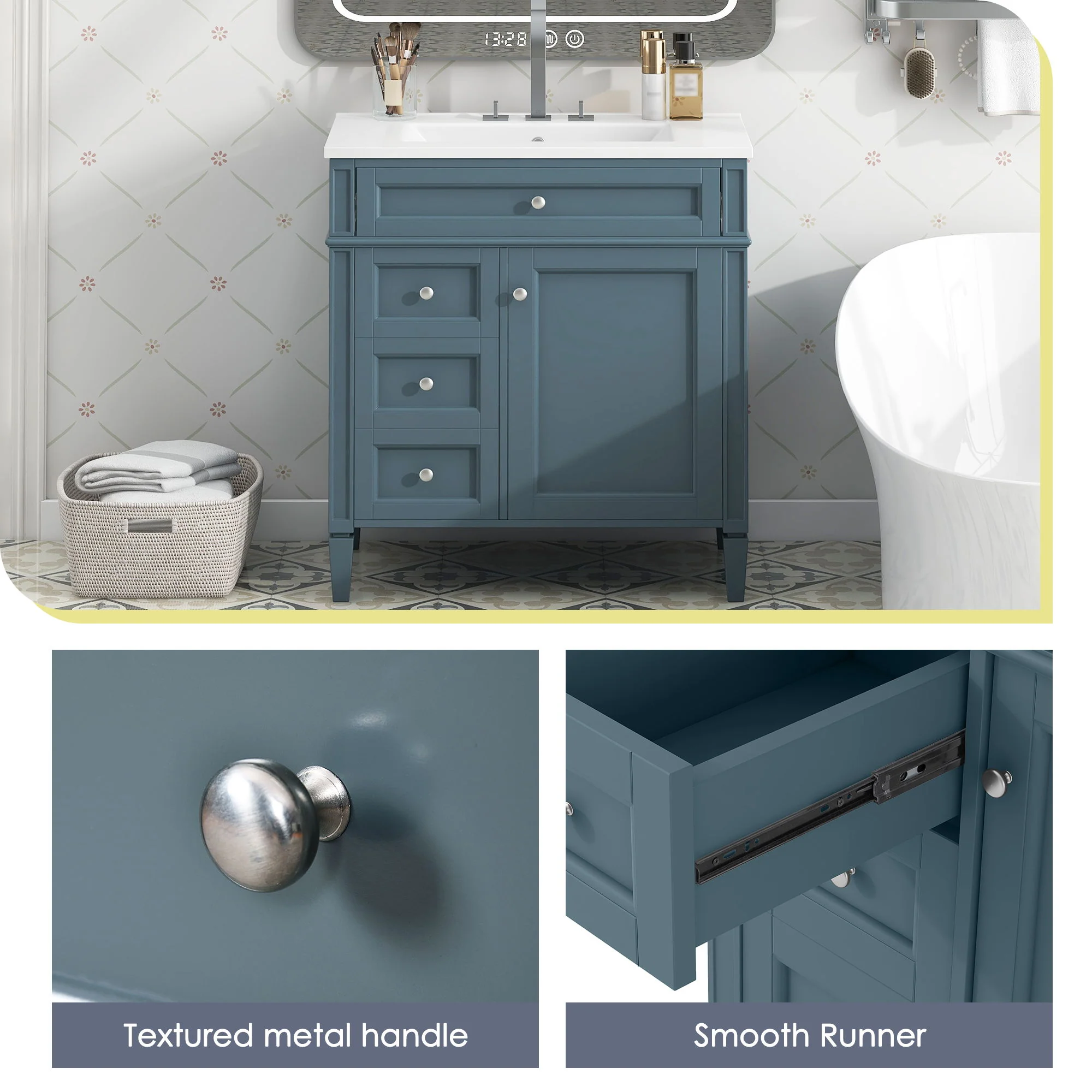 Bathroom Vanity With Top Sink, Storage Cabinet With 2 Drawers And Tip Out Drawer, Rectangular Design - Blue - Image 6