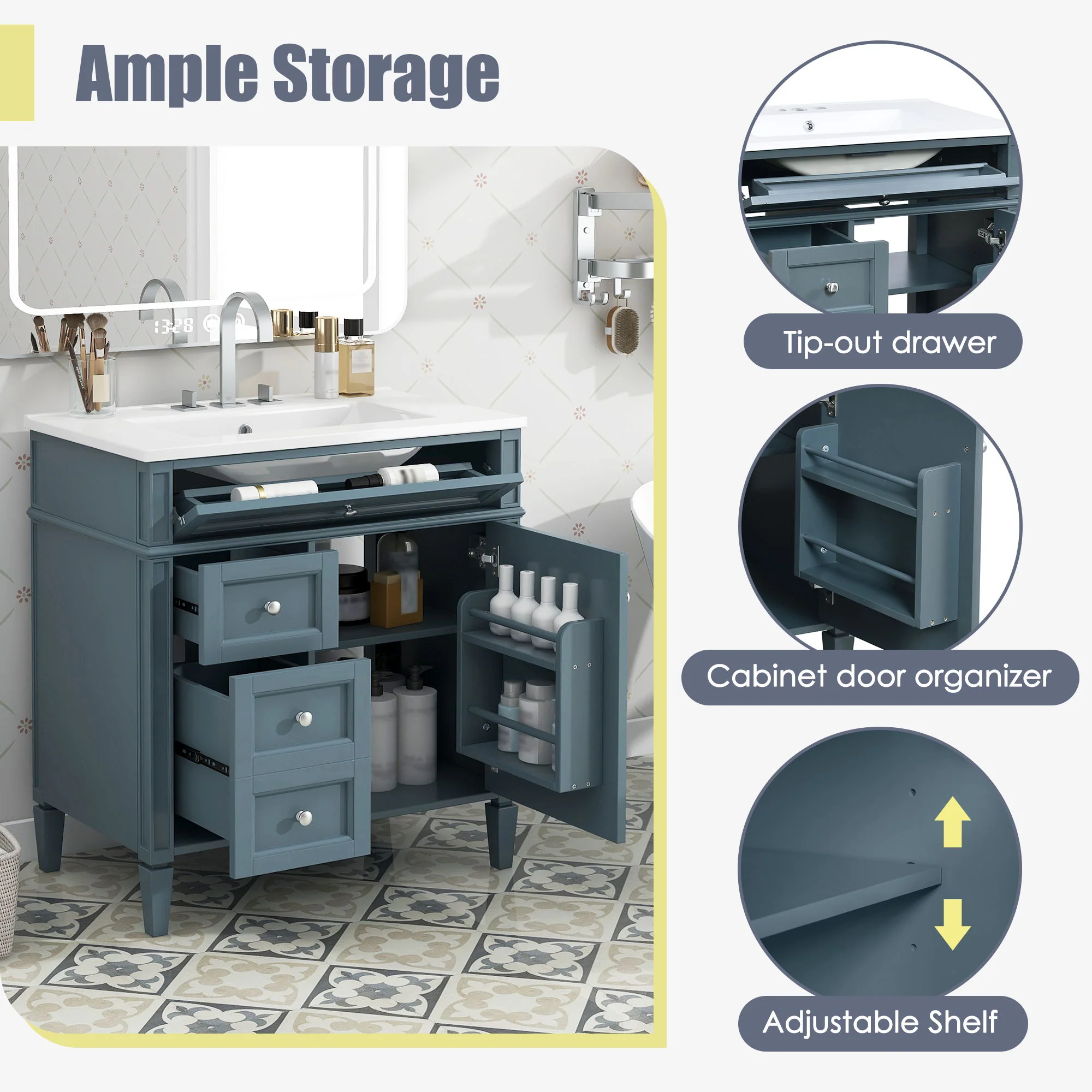 Bathroom Vanity With Top Sink, Storage Cabinet With 2 Drawers And Tip Out Drawer, Rectangular Design - Blue - Image 7
