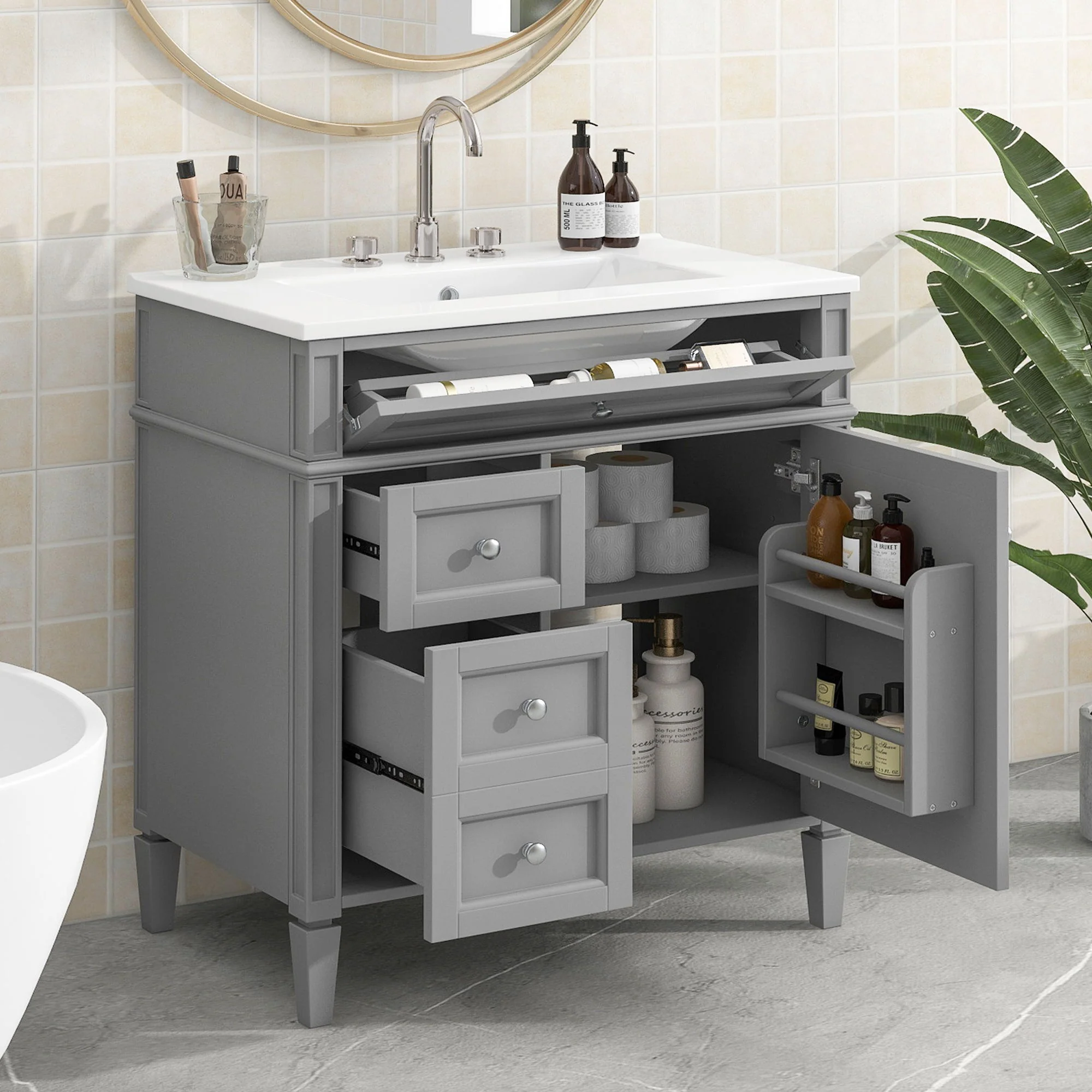 Bathroom Vanity With Top Sink, Storage Cabinet With 2 Drawers, Tip Out Drawer - Image 10