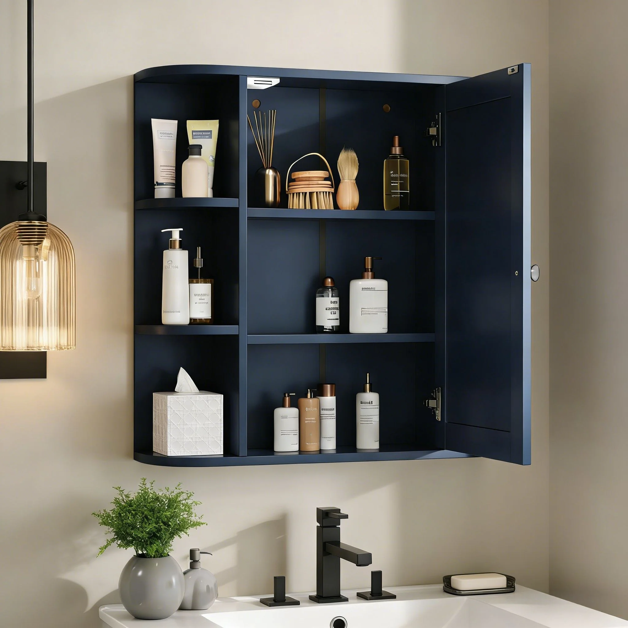 Bathroom Wall Storage Cabinet With Mirror And Adjustable Shelf, 6 Open Shelves - Image 14