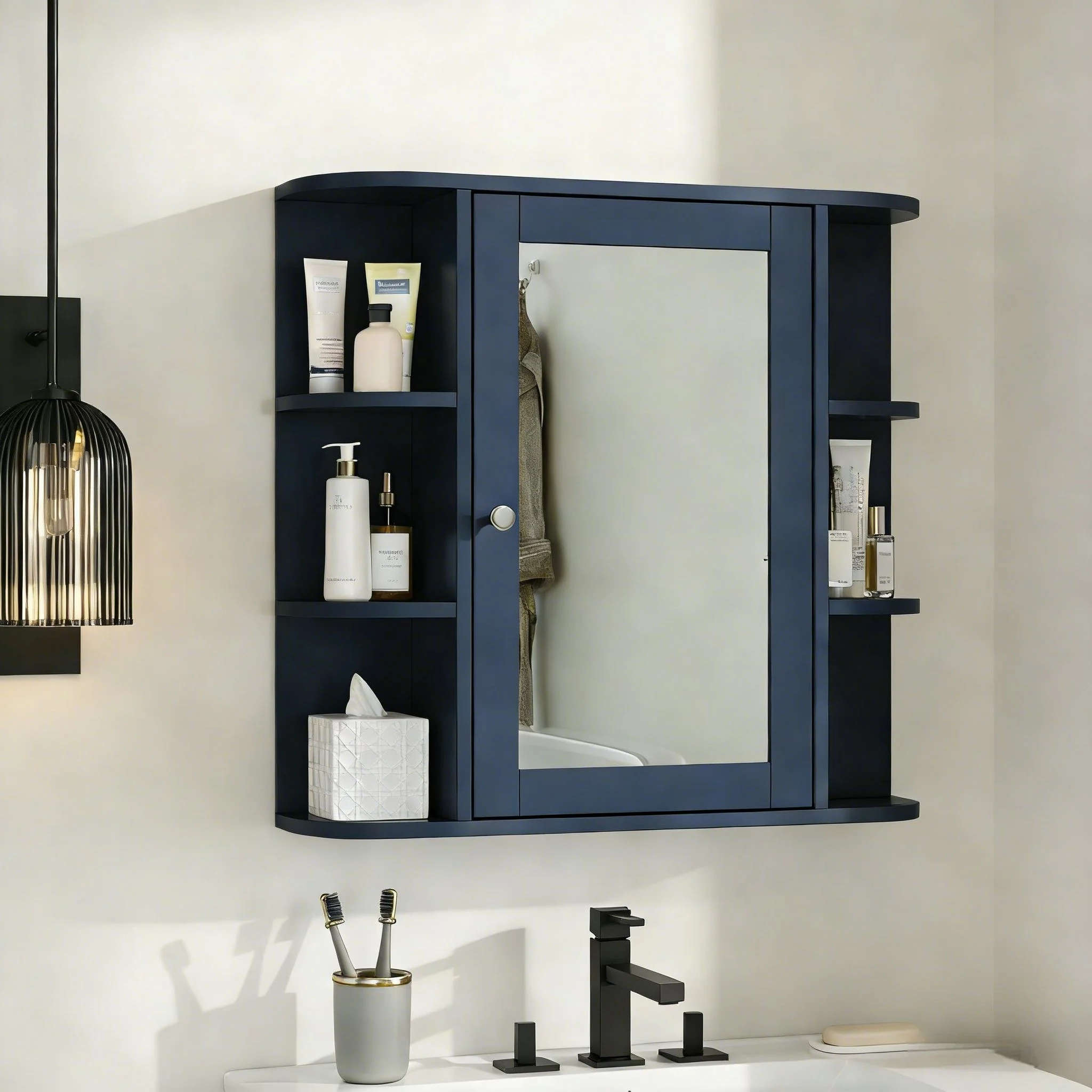 Bathroom Wall Storage Cabinet With Mirror And Adjustable Shelf, 6 Open Shelves - Image 17