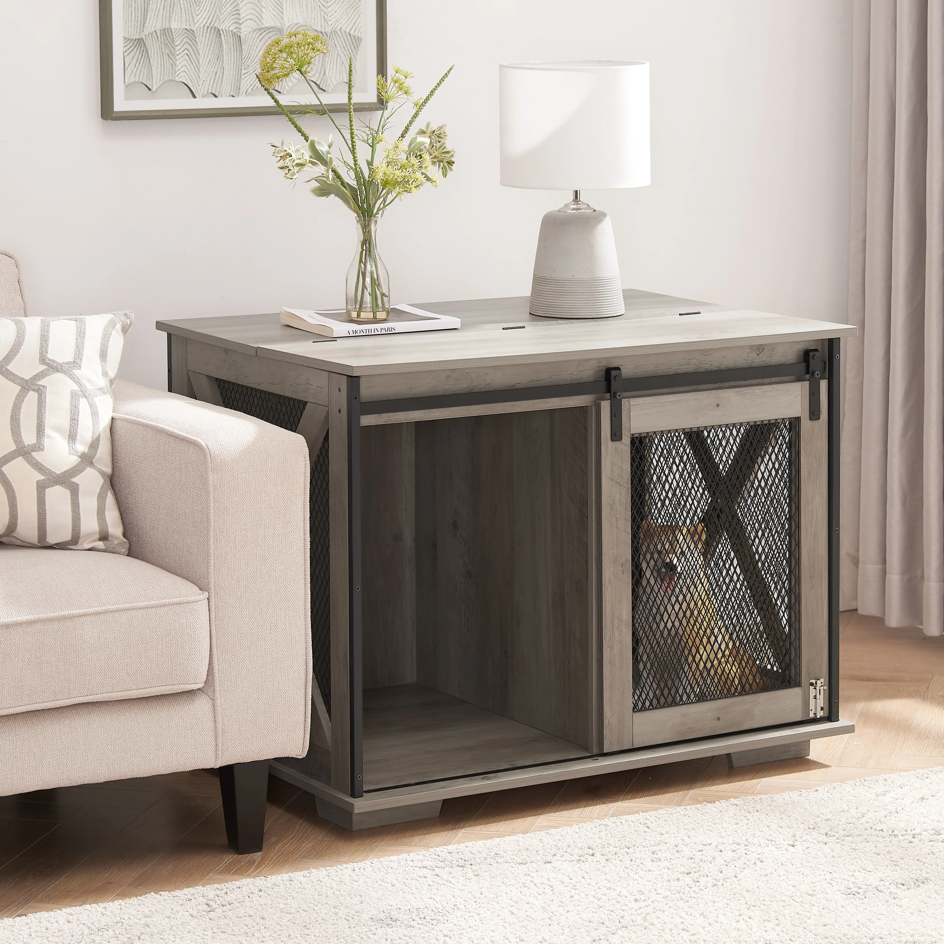Beaufort 37-Inch Farmhouse Dog Crate with Sliding Barn Door and Flip-Top Interaction Panel - Image 2