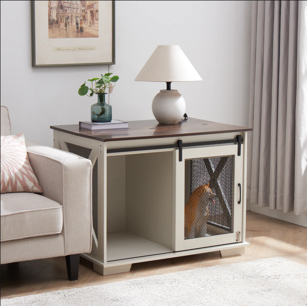 Beaufort 37-Inch Farmhouse Dog Crate with Sliding Barn Door and Flip-Top Interaction Panel - Image 26