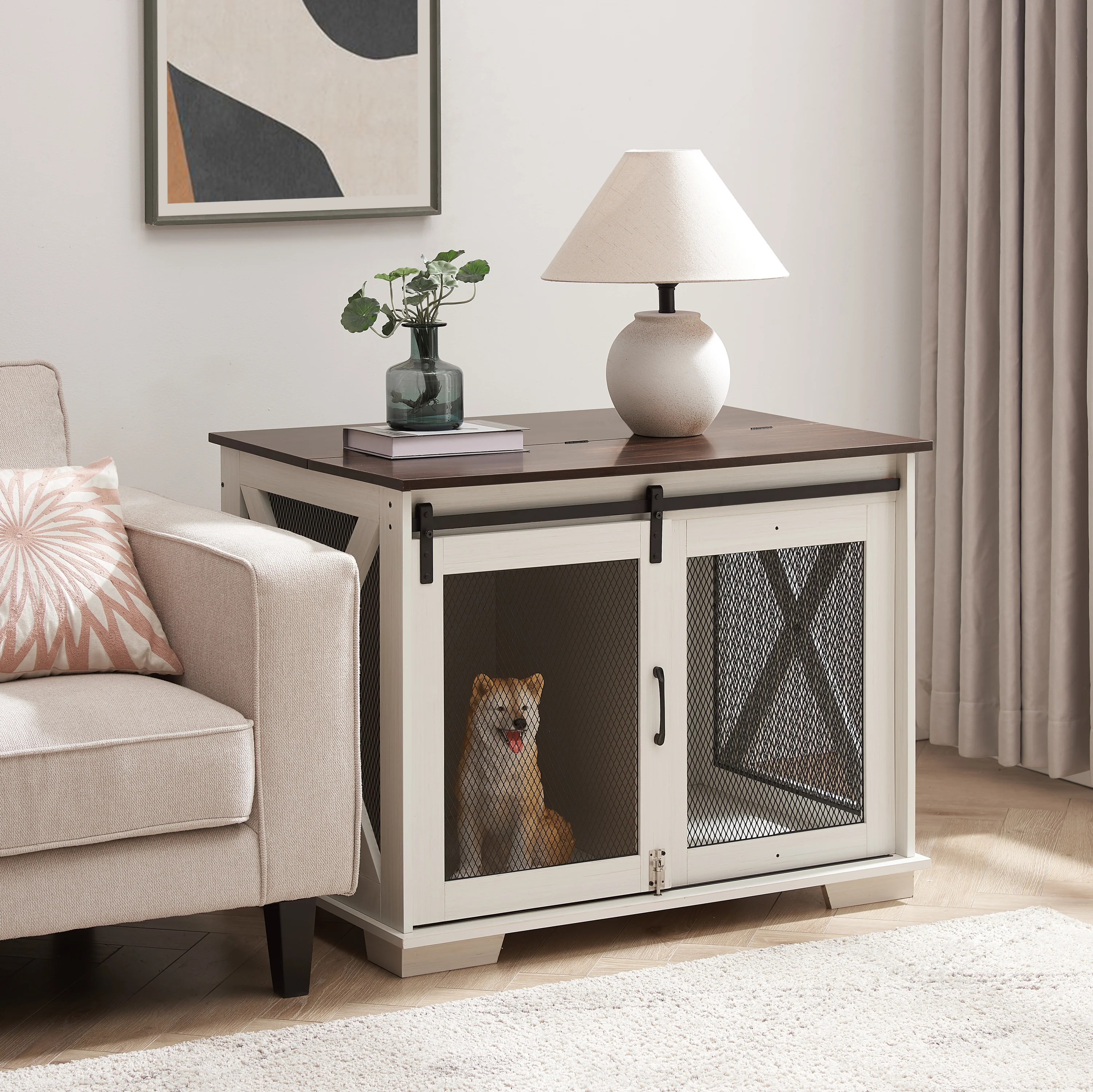Beaufort 37-Inch Farmhouse Dog Crate with Sliding Barn Door and Flip-Top Interaction Panel - Image 29