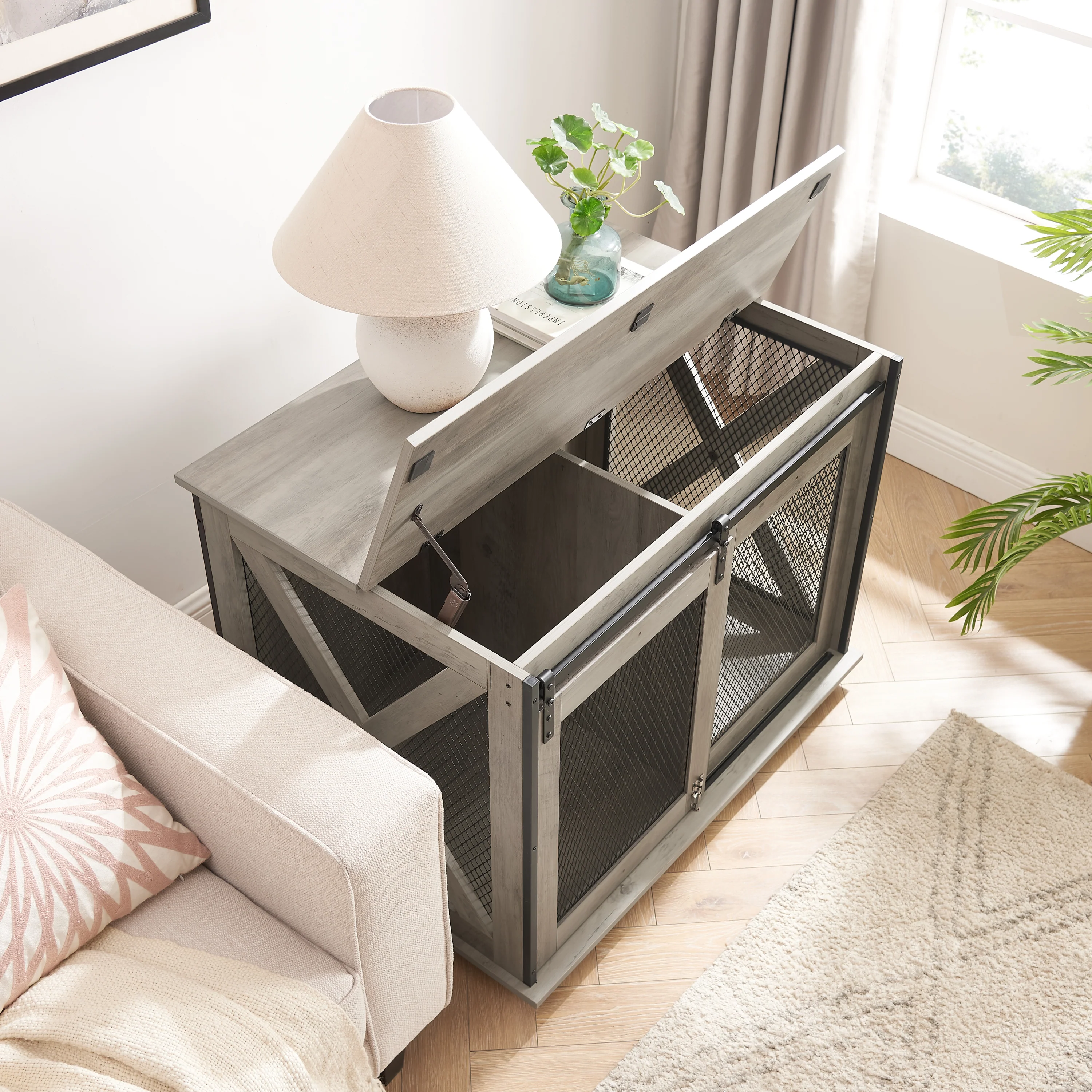 Beaufort 37-Inch Farmhouse Dog Crate with Sliding Barn Door and Flip-Top Interaction Panel - Image 7