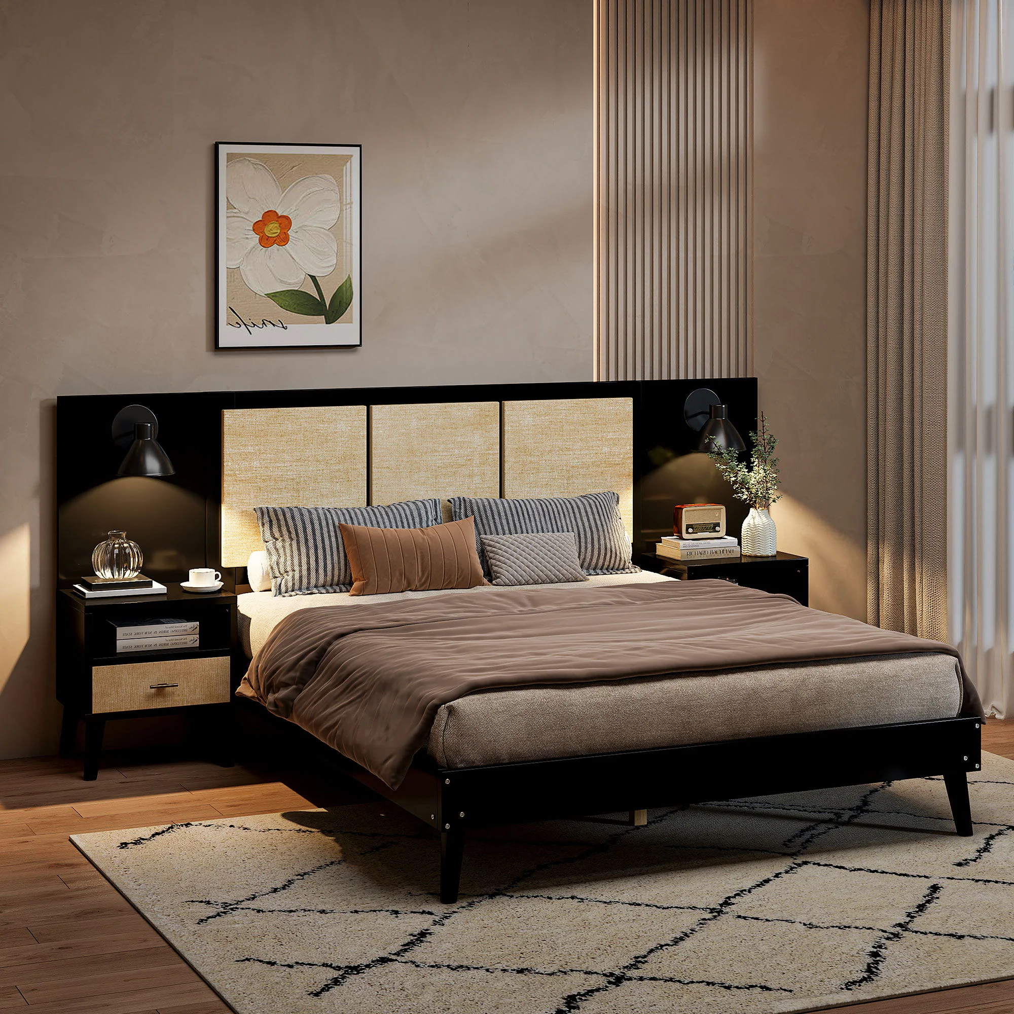 Bed Frame With 2 Nightstands Elegant Design With Lamps - Image 9