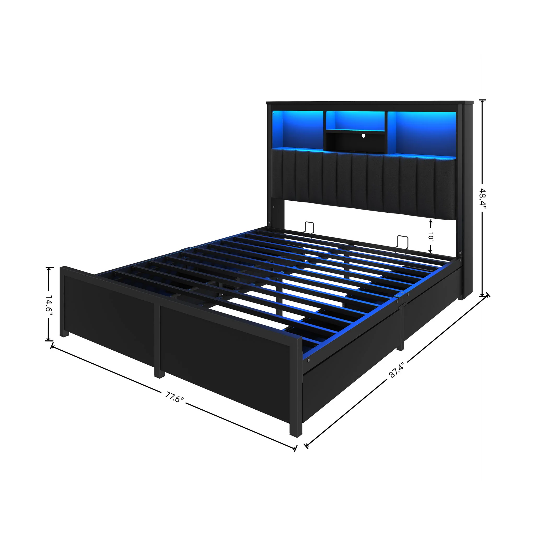 Bed Frame With High Storage Headboard, LED Light And Charging Station, 4 Storage Drawers - Image 2