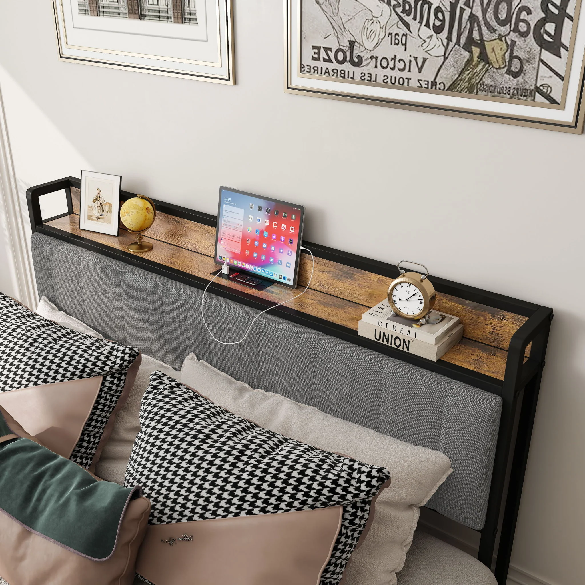Bed With Charging Station, American Design Upholstered Headboard, Metal Platform - Image 10
