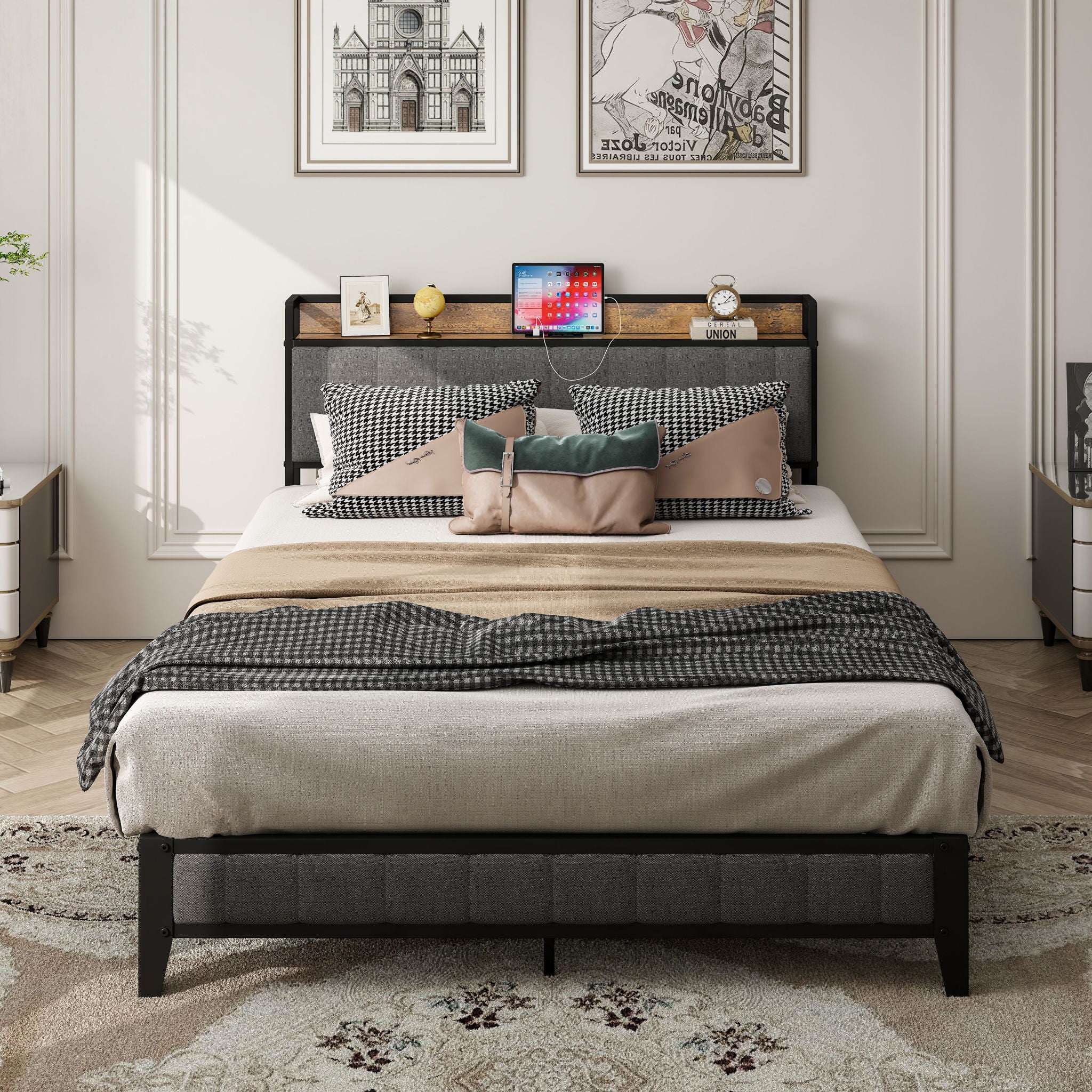 Bed With Charging Station, American Design Upholstered Headboard, Metal Platform - Image 13