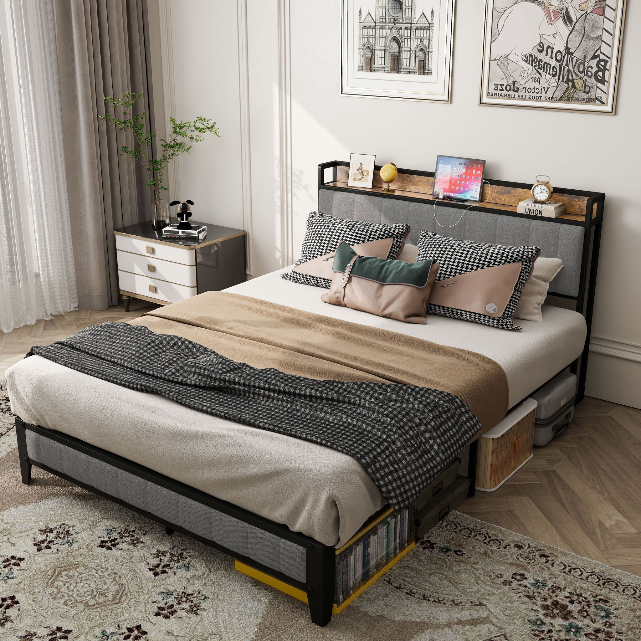 Bed With Charging Station, American Design Upholstered Headboard, Metal Platform - Image 18