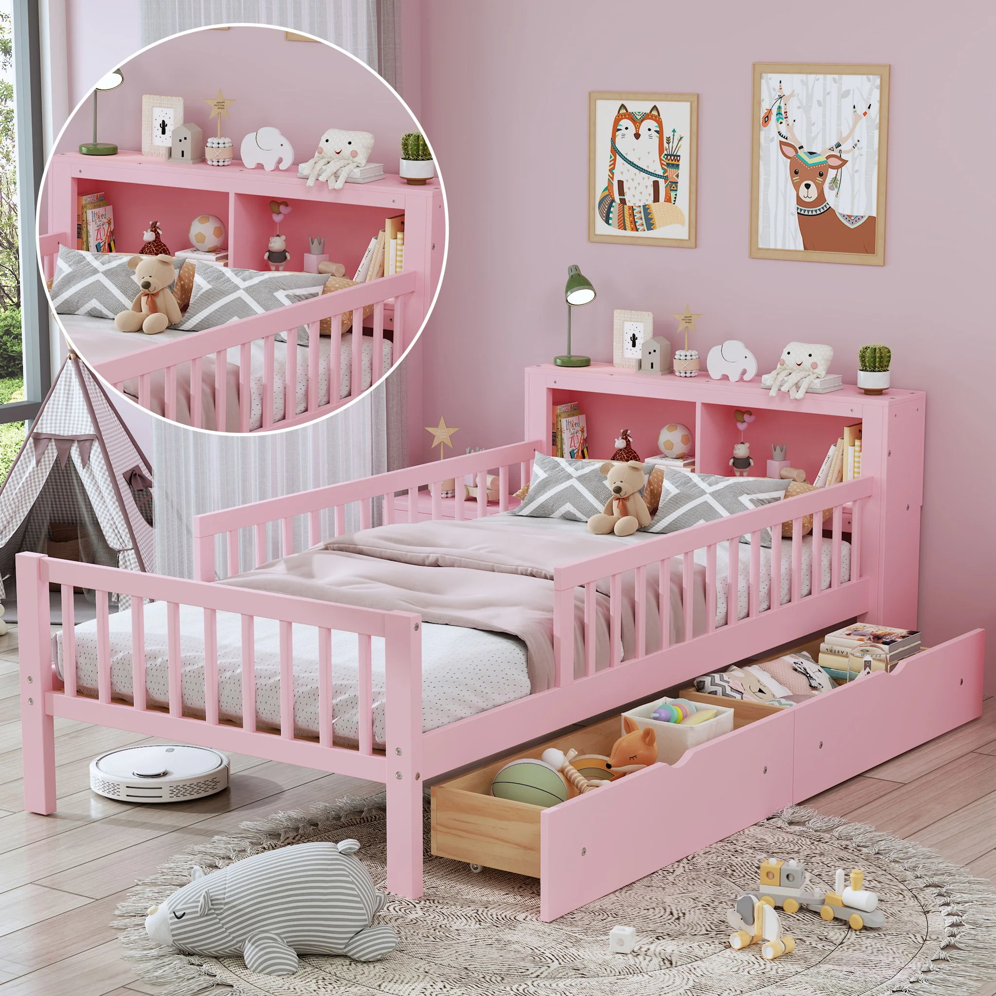 Bed With Headboard Storage Rack, 2 Under Bed Drawers, 3 Side Guardrails For Safety - Image 13