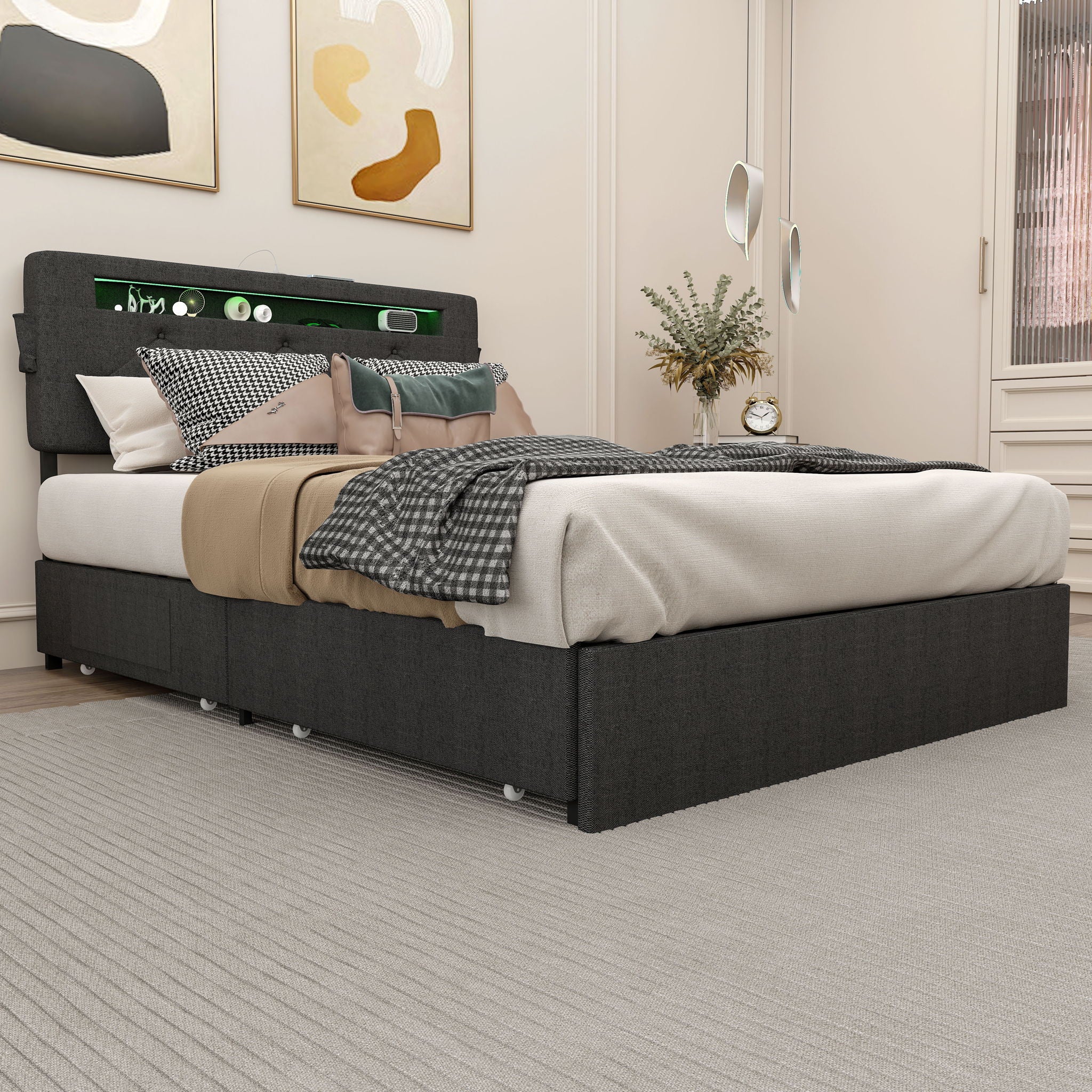 Bed With USB Charging Station, LED Lights, Headboard & Storage Drawers - Image 3