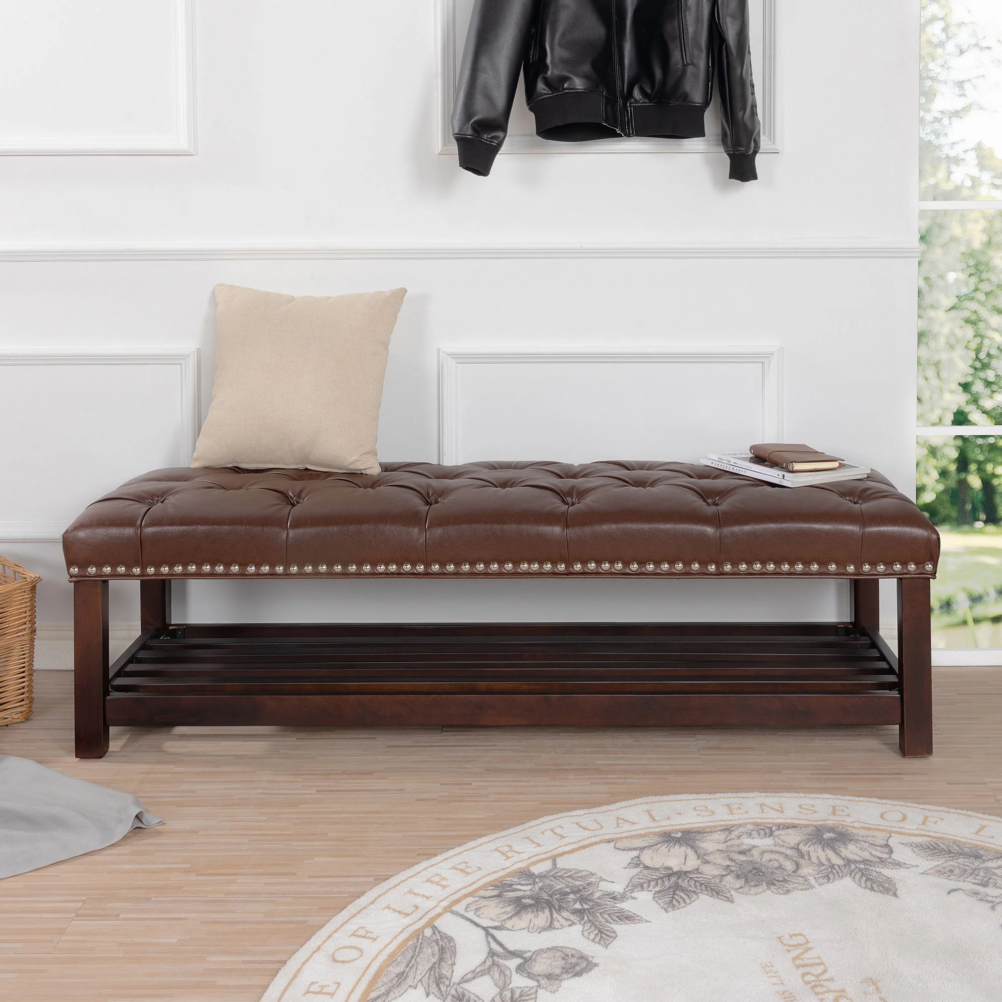 Bedroom End Of Bed Bench Tufted Upholstered End Of Bed Bench End Of Bed Entrance Shoe Bench With Nailhead Trim And Shelf Bedroom Upholstered Bench Living Room Shoe Rack Footstool - Image 13