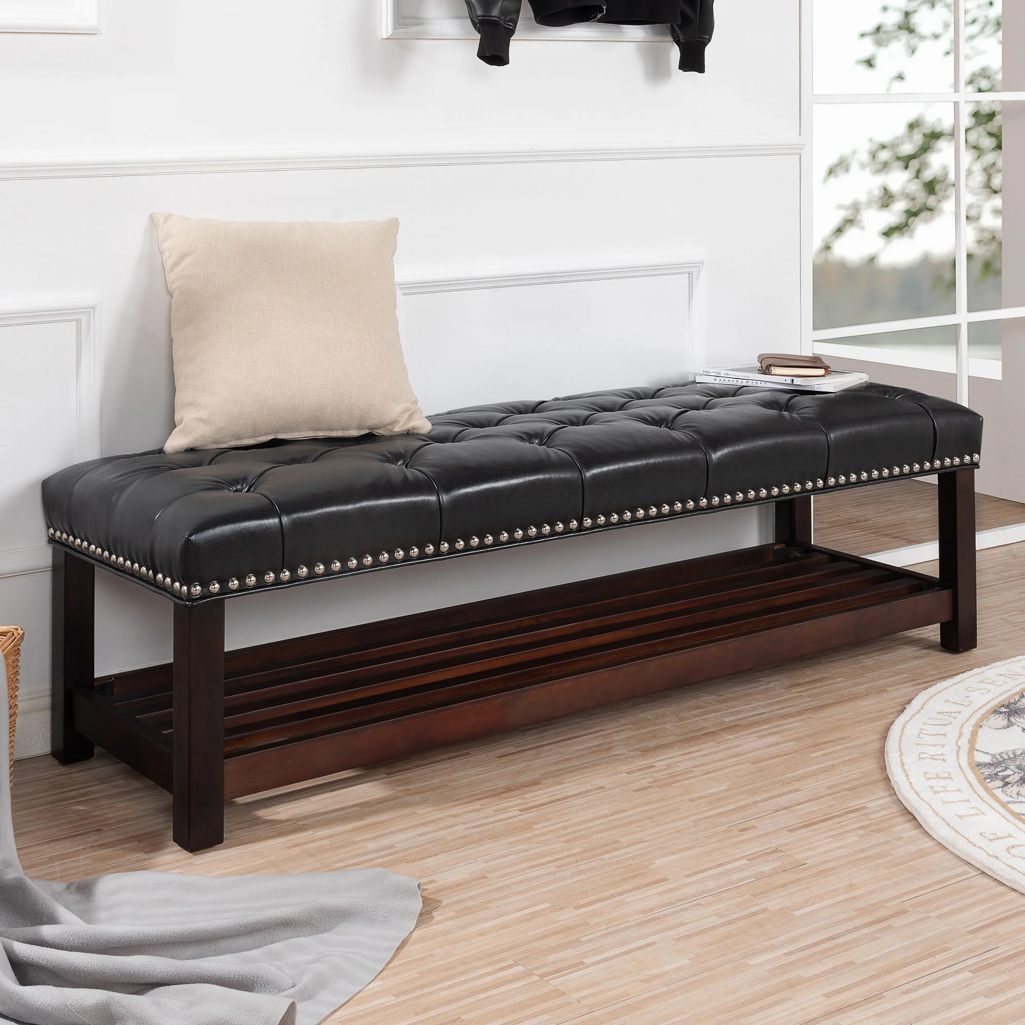 Bedroom End Of Bed Bench Tufted Upholstered End Of Bed Bench End Of Bed Entrance Shoe Bench With Nailhead Trim And Shelf Bedroom Upholstered Bench Living Room Shoe Rack Footstool - Image 5