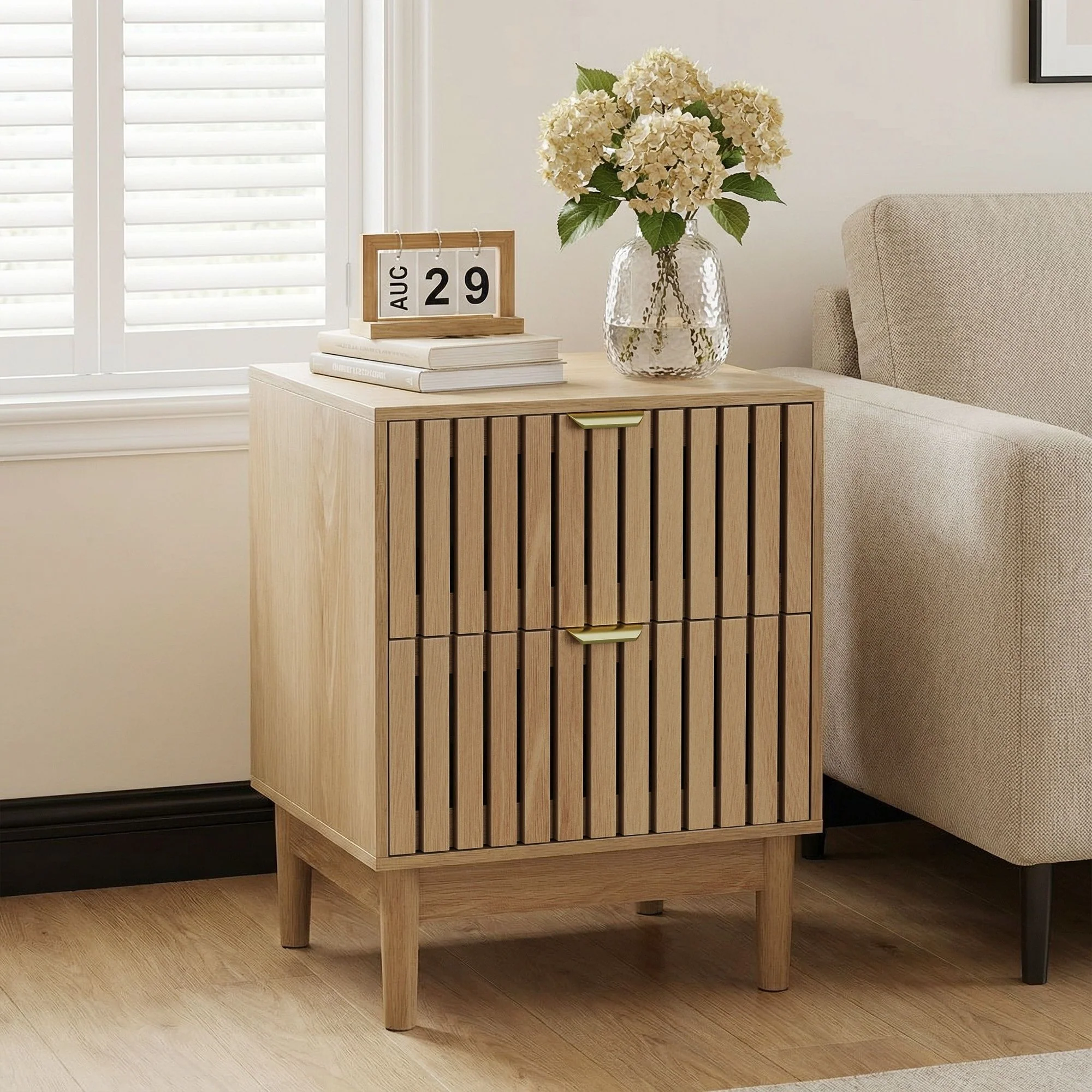 Bedside Table With Grille Design And 2 Drawers, Side Table For Bedroom - Oak - Image 6