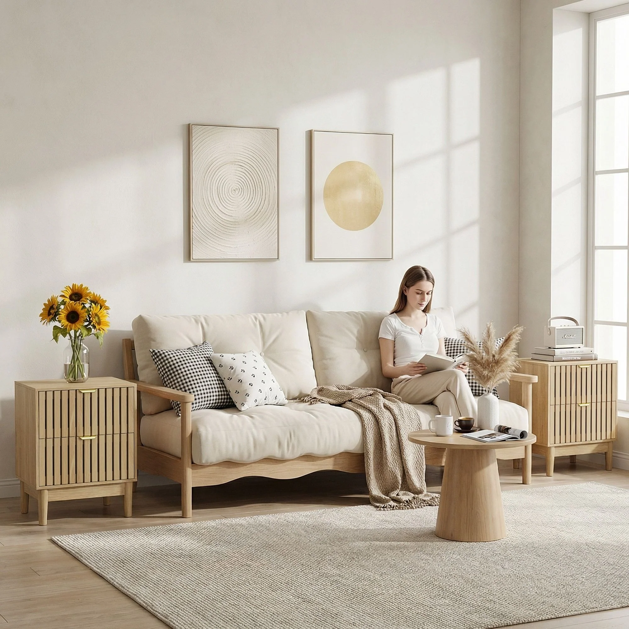 Bedside Table With Grille Design And 2 Drawers, Side Table For Bedroom - Oak - Image 9