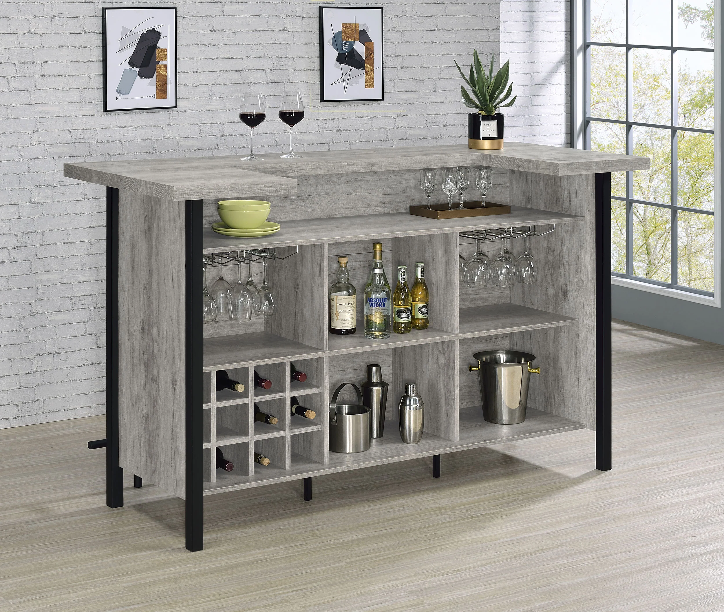 Bellemore Freestanding Home Bar Wine Cabinet Grey Driftwood - Image 2