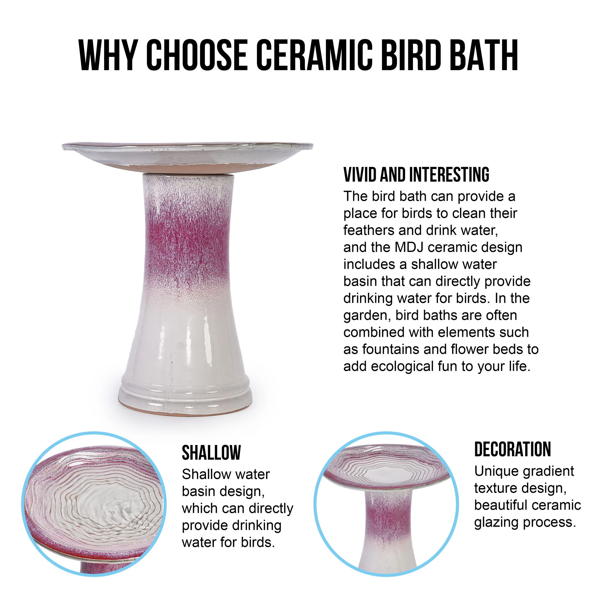 Birdbath For Patio, Garden - White / Pink - Image 3