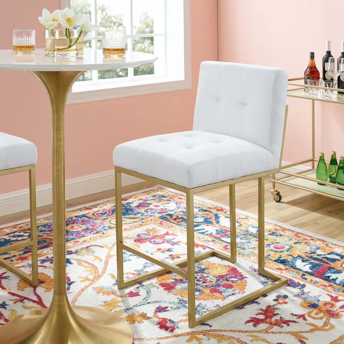 Biscuit Tufted Fabric Counter Stool – Gold Stainless Steel 38 Inch - Image 12