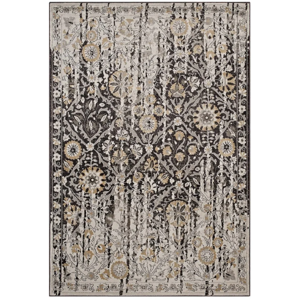 Black and Beige Distressed Diamond Floral Lattice Polypropylene Area Rug Collection - Image 9