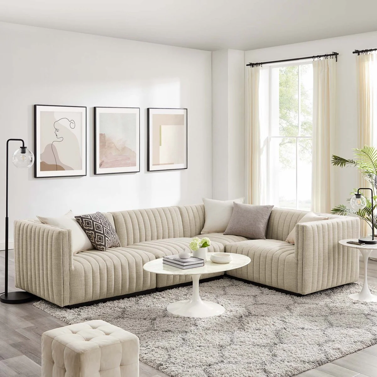 Black Beige Channel Tufted Fabric 4-Piece L-Shaped Sectional - Image 9