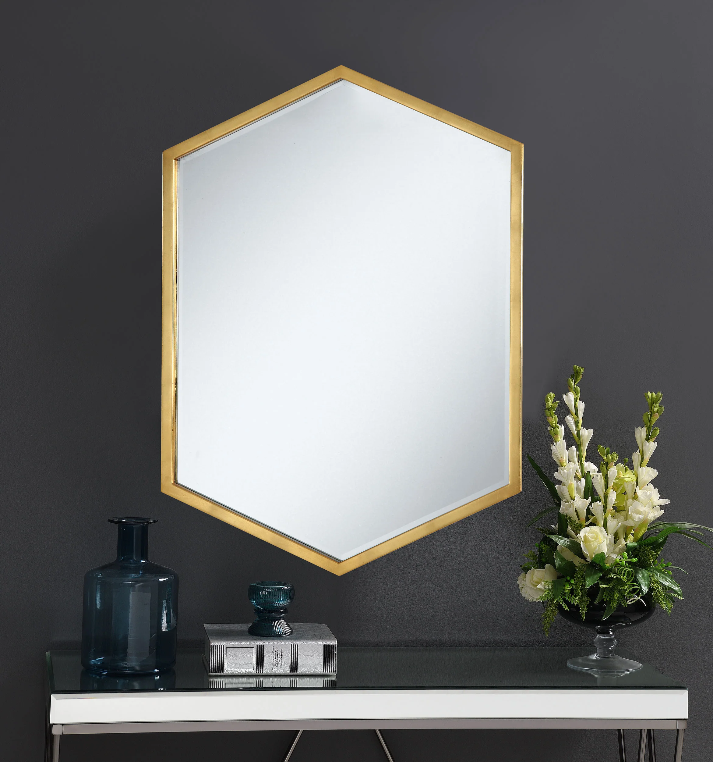 Bledel 24 x 34 Inch Hexagonal Wall Mirror Gold - Image 3