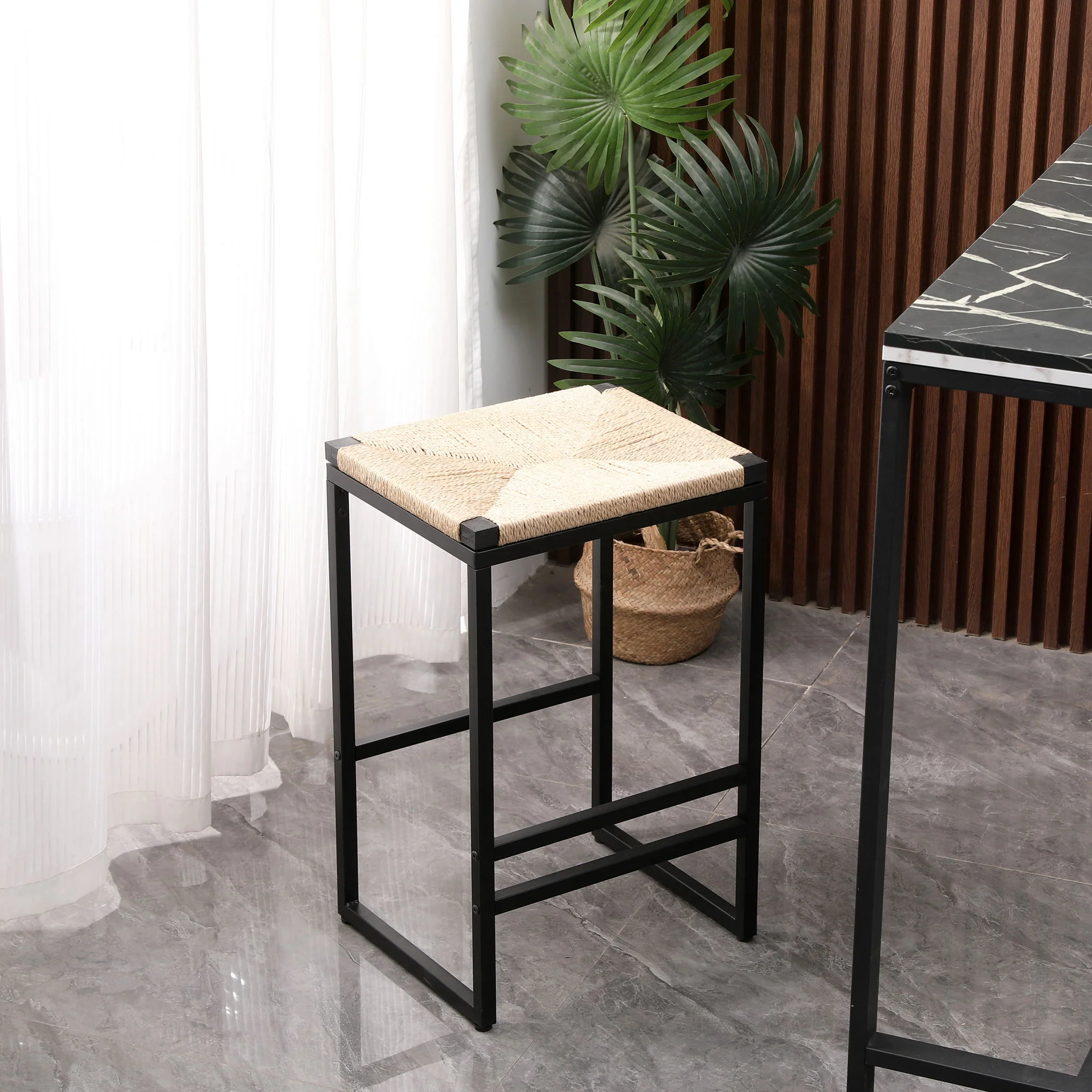 Boho Style Backless Bar Stools (Set of 2) With Paper Rope Woven Seat & Metal Frame For Kitchen Counter - Image 4