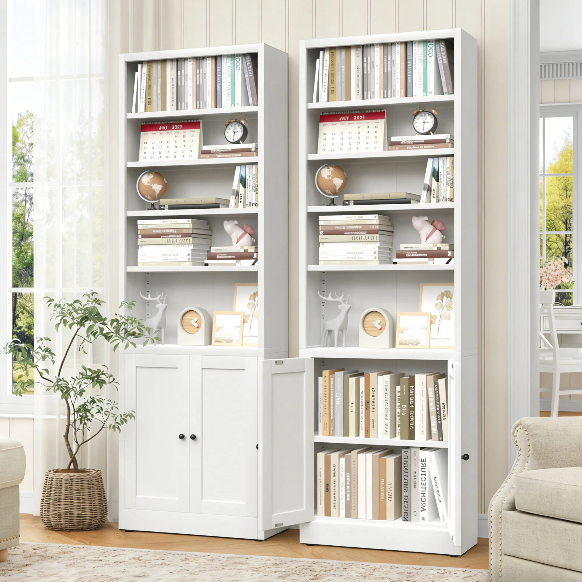 Bookcase Tall 5-Tier Adjustable Storage Shelf With Door Deep - White - Image 6