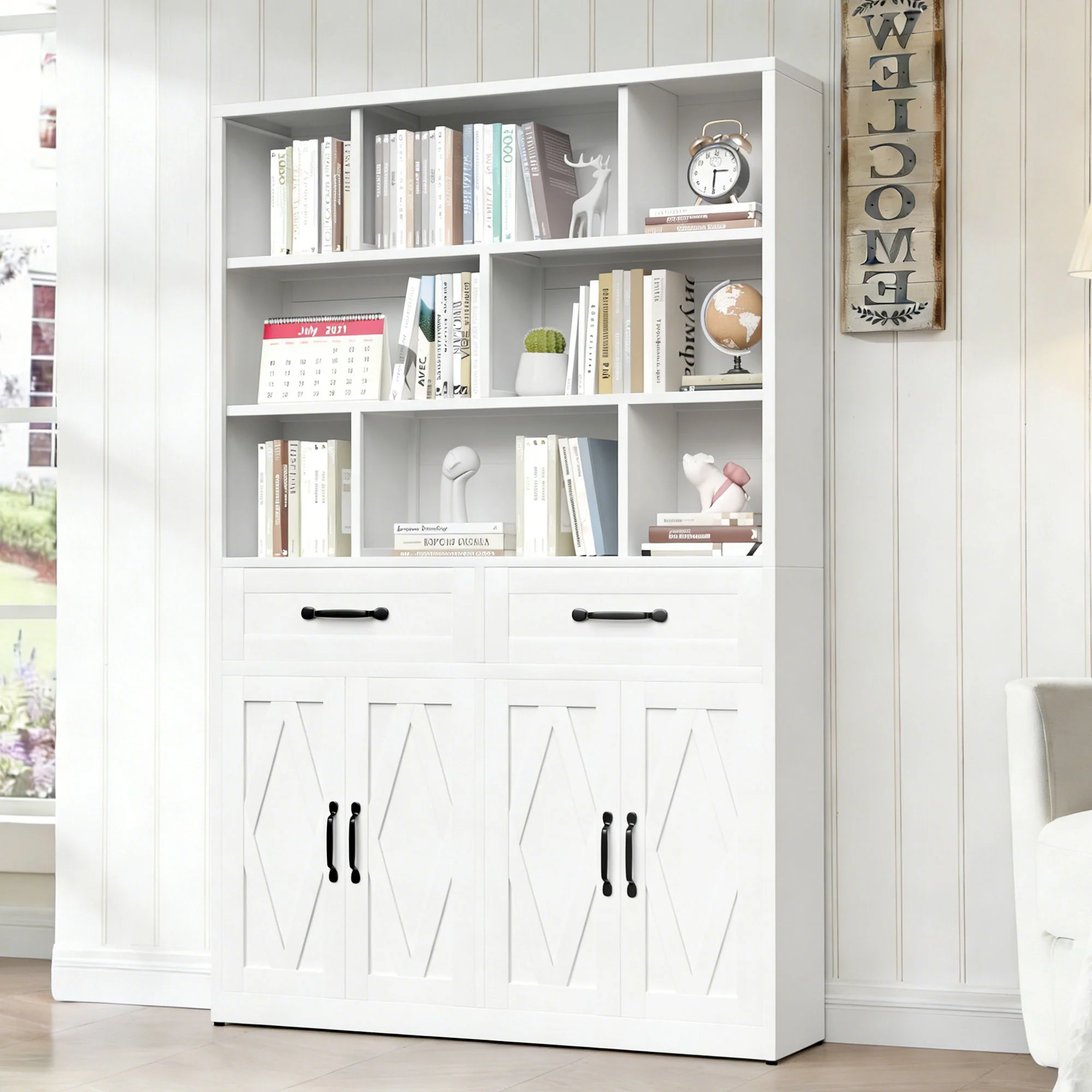 Bookcase Tall With 2 Doors & 2 Drawers, Fixed Open Shelves - White - Image 3