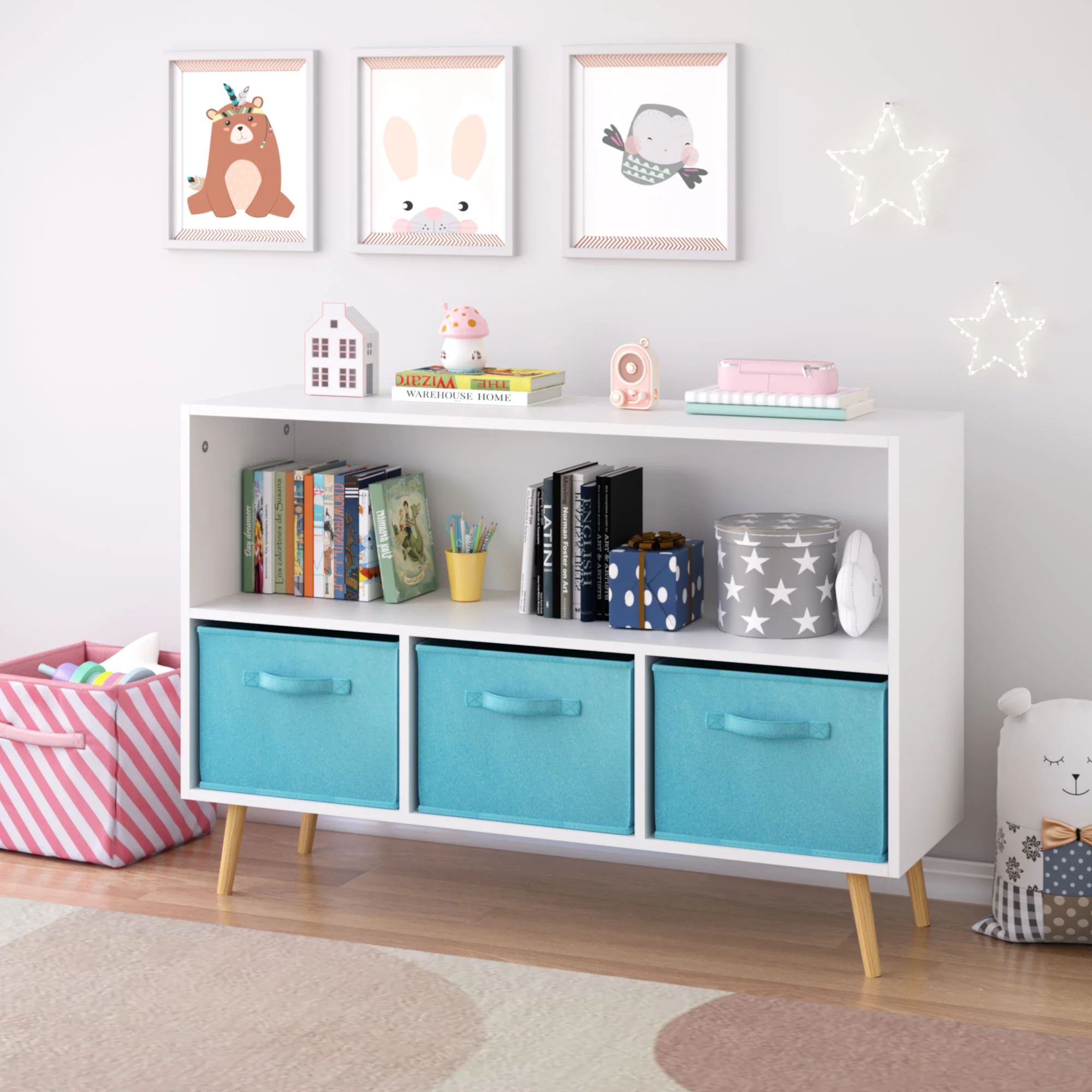 Bookcase With Collapsible Drawers, Book Display Storage Cabinet Organizer - White / Blue - Image 5