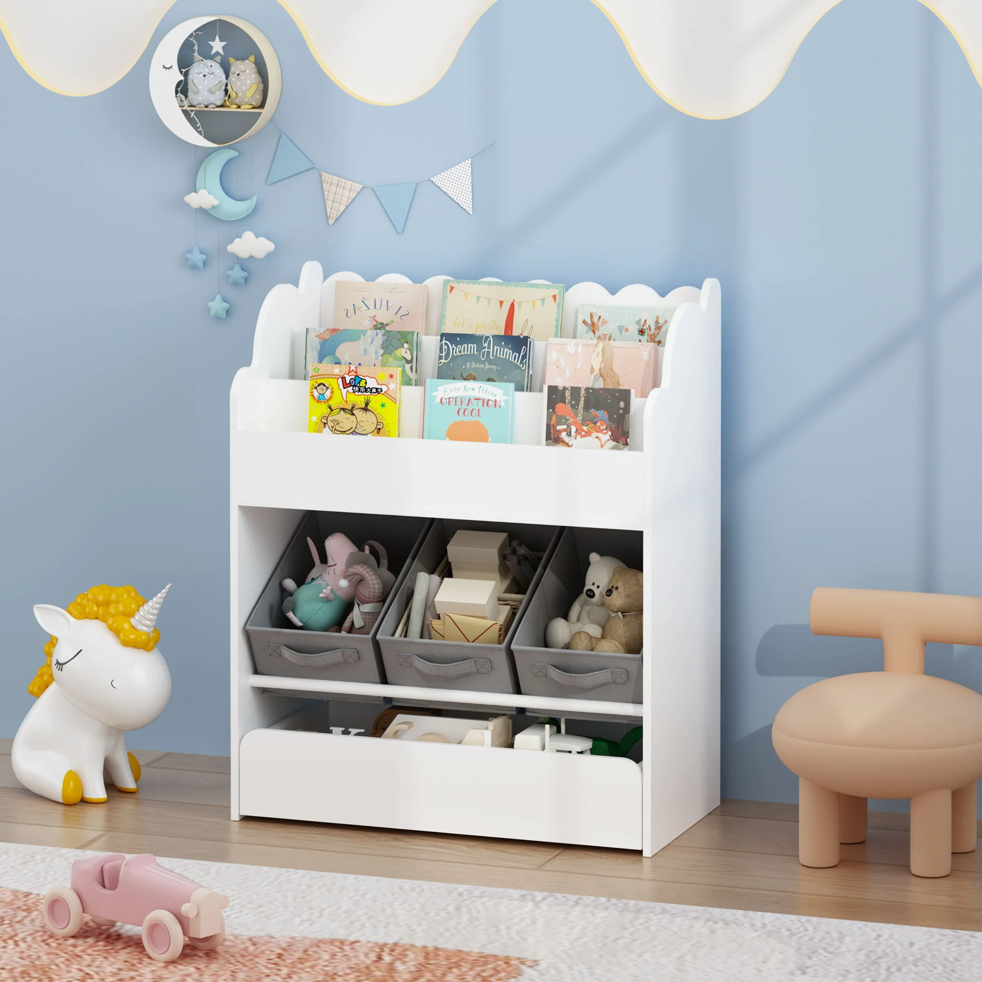 Bookshelf With Storage Bins And Drawer, Multi Functional Book Organizer For Toddlers - White - Image 9