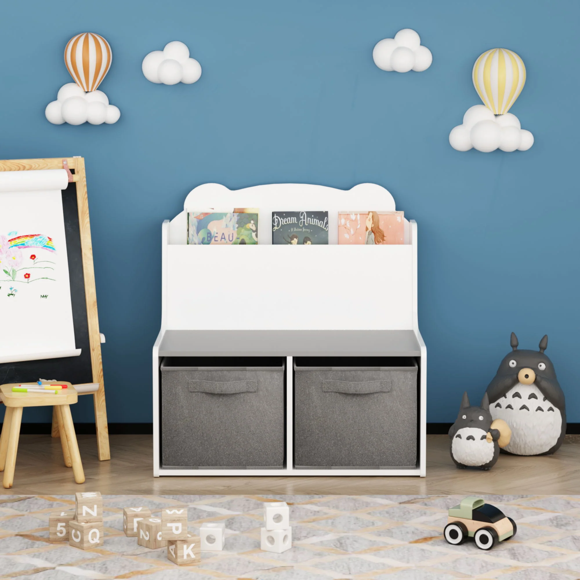 Bookshelf With Storage Bins, Bookcase With Book Display Shelf And 2 Bins, Cute Bear Shaped Backboard, Toy Organizer - White - Image 6