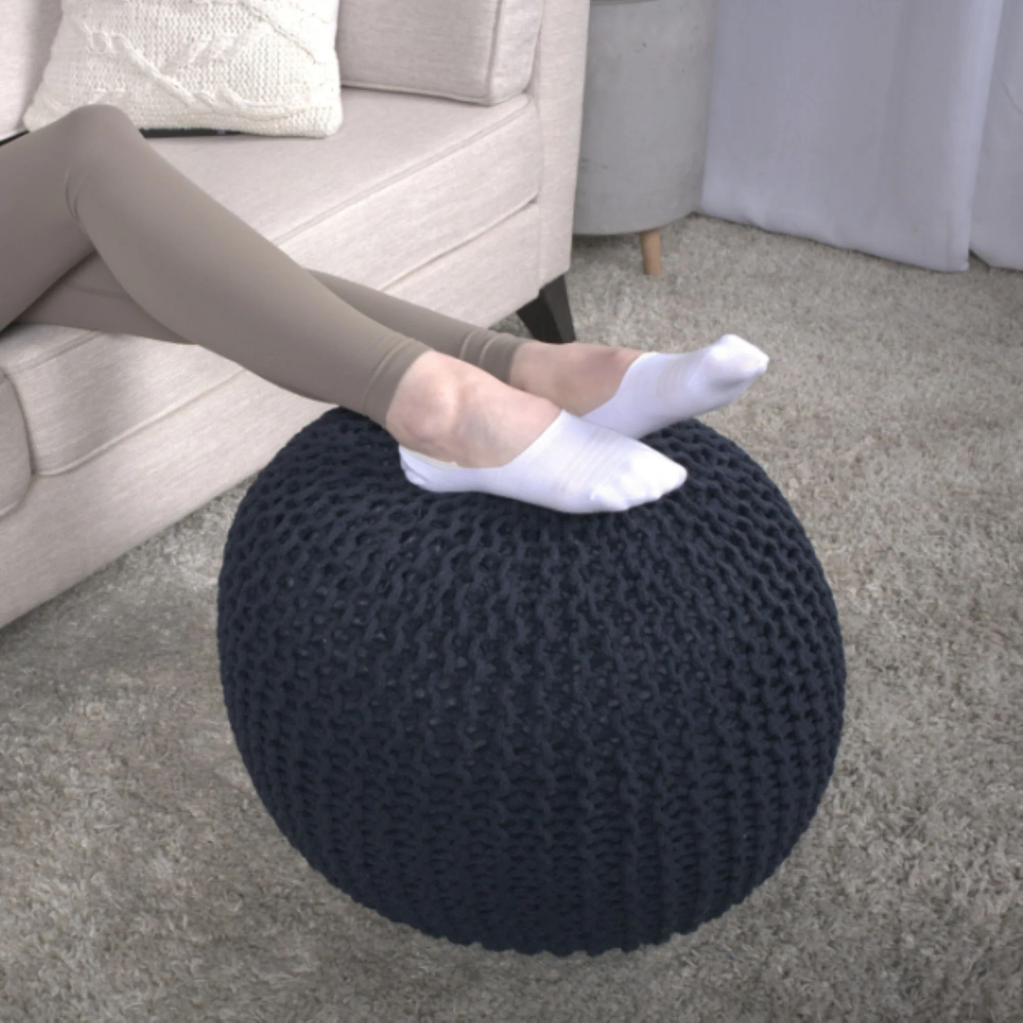 Bordeaux - Knitted Round Pouf Ottoman, Floor Cushion - Image 7