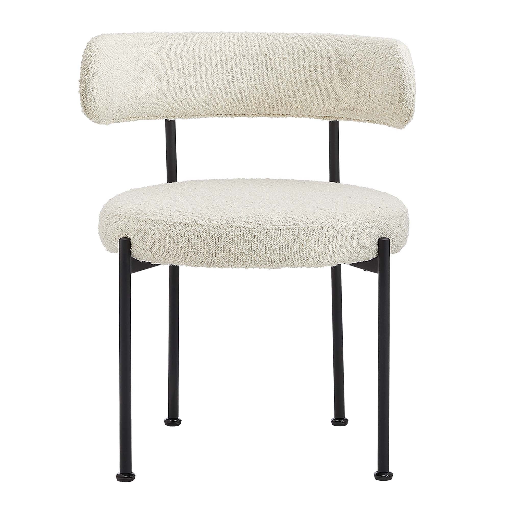 Boucle Fabric Dining Chair Set with Curved Back – Ivory Black Set of 2
