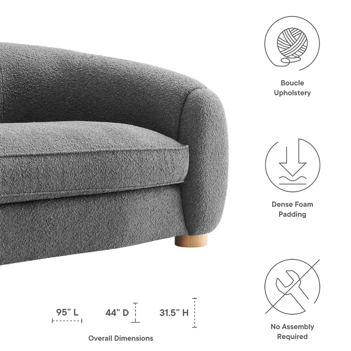 Boucle Upholstered Fabric Sofa with French Piping in Gray - Image 2