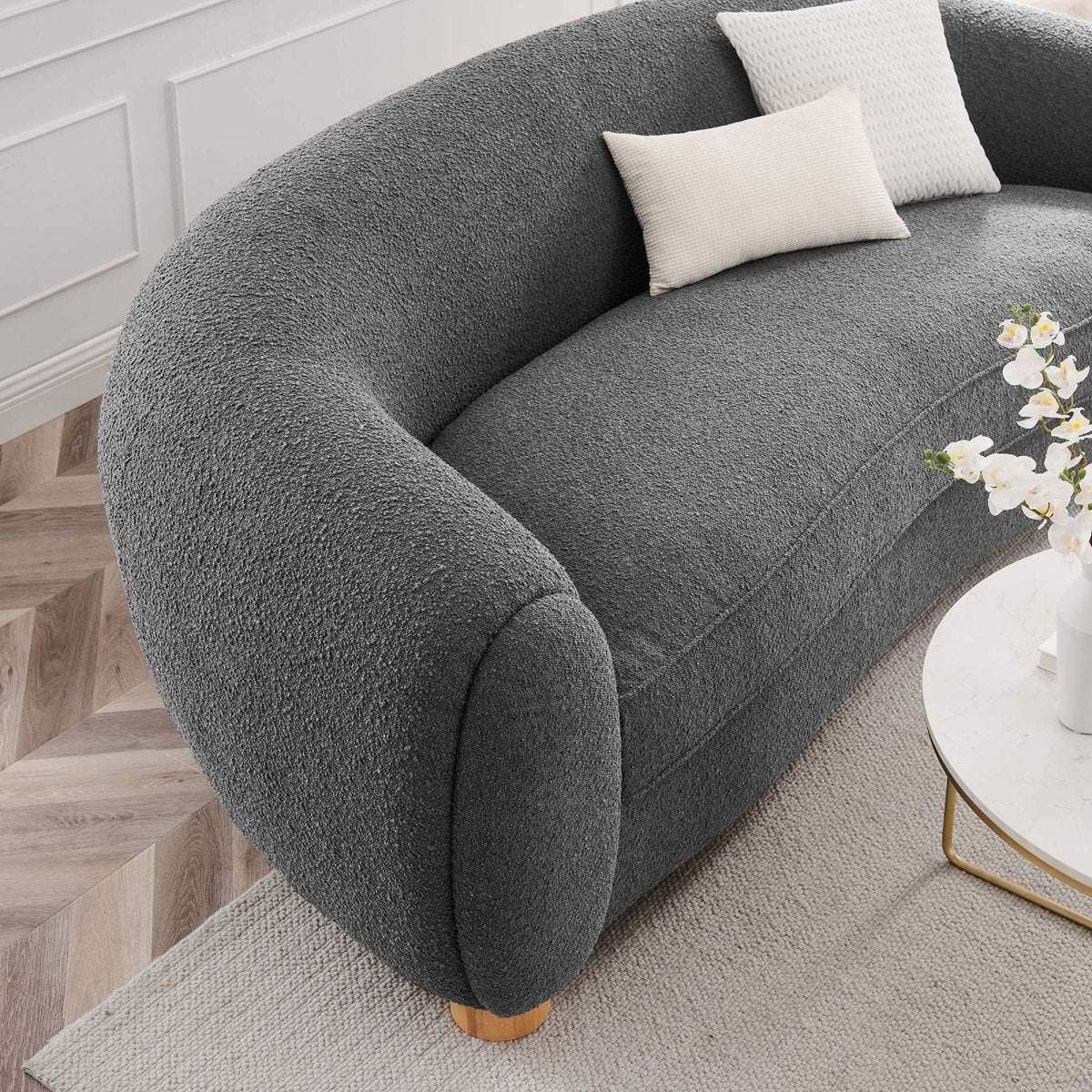 Boucle Upholstered Fabric Sofa with French Piping in Gray - Image 3