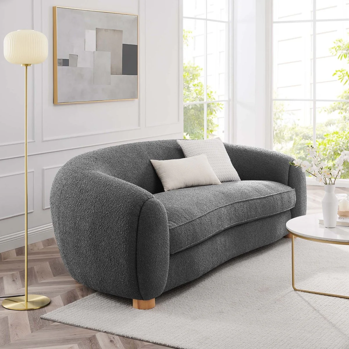 Boucle Upholstered Fabric Sofa with French Piping in Gray - Image 6