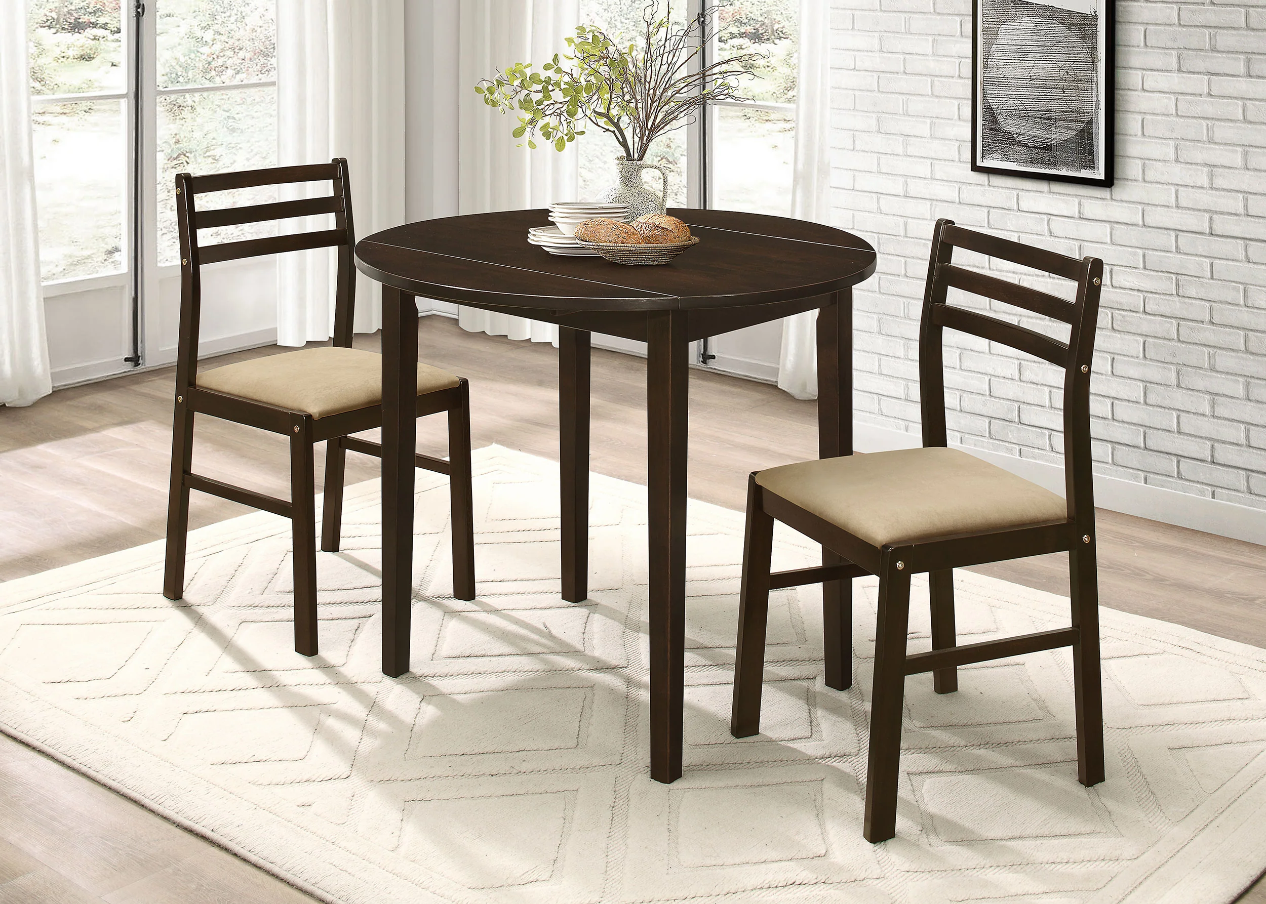 Bucknell 3-Piece Round Drop Leaf Dining Table Set Cappuccino - Image 3