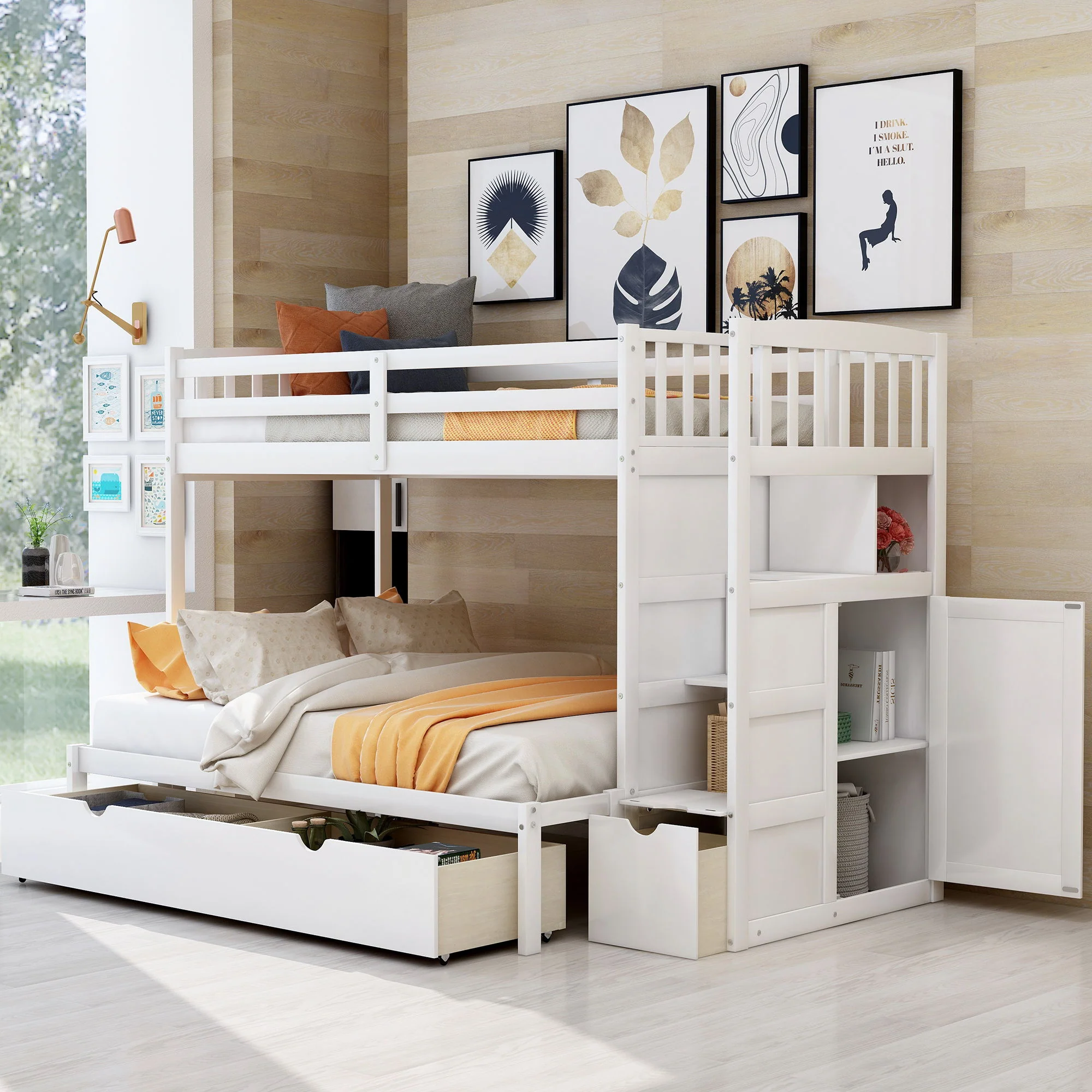 Bunk Bed, Convertible Bottom Bed, Storage Shelves And Drawers - Image 7