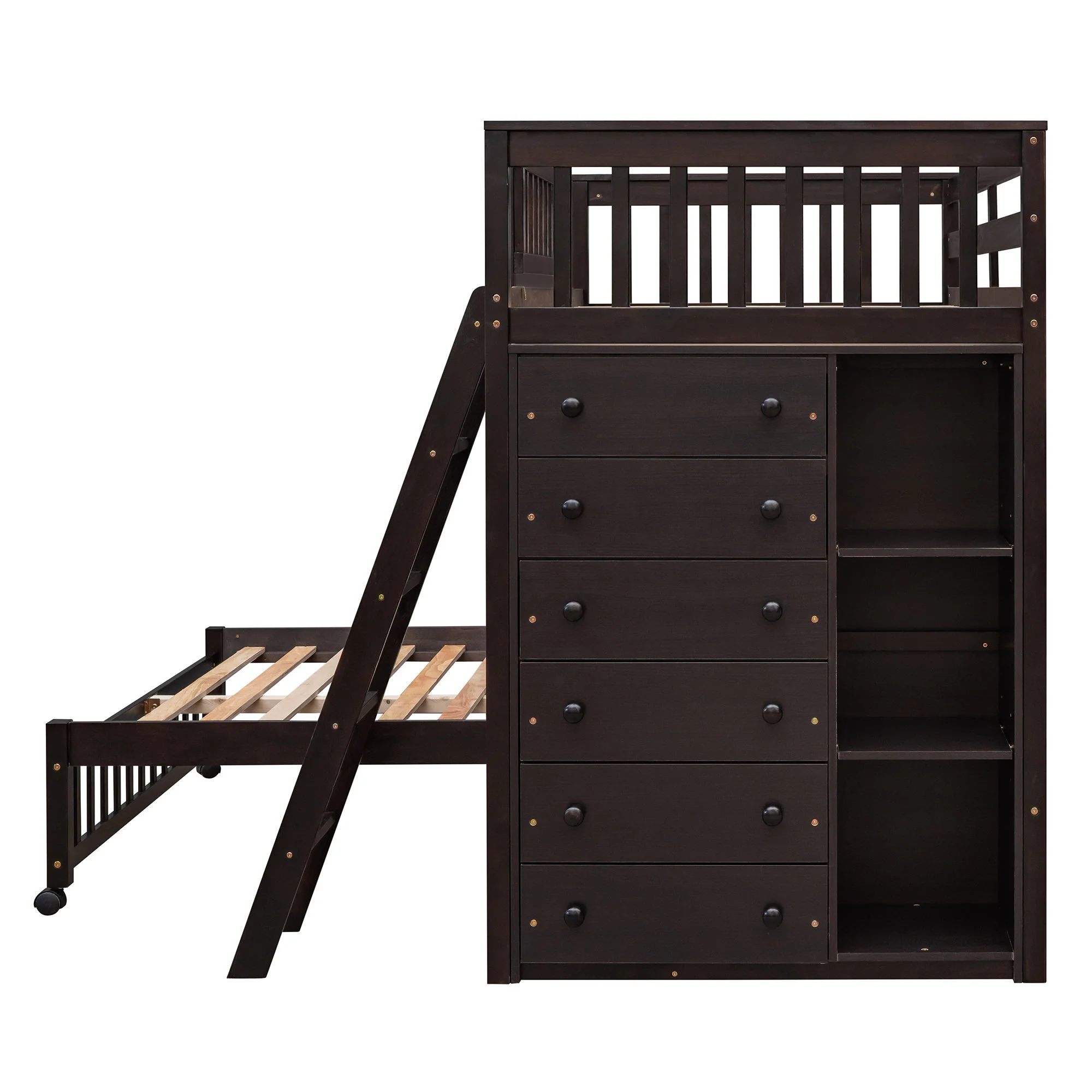Bunk Bed With 6 Drawers And Flexible Shelves, Bottom Bed With Wheels - Image 12