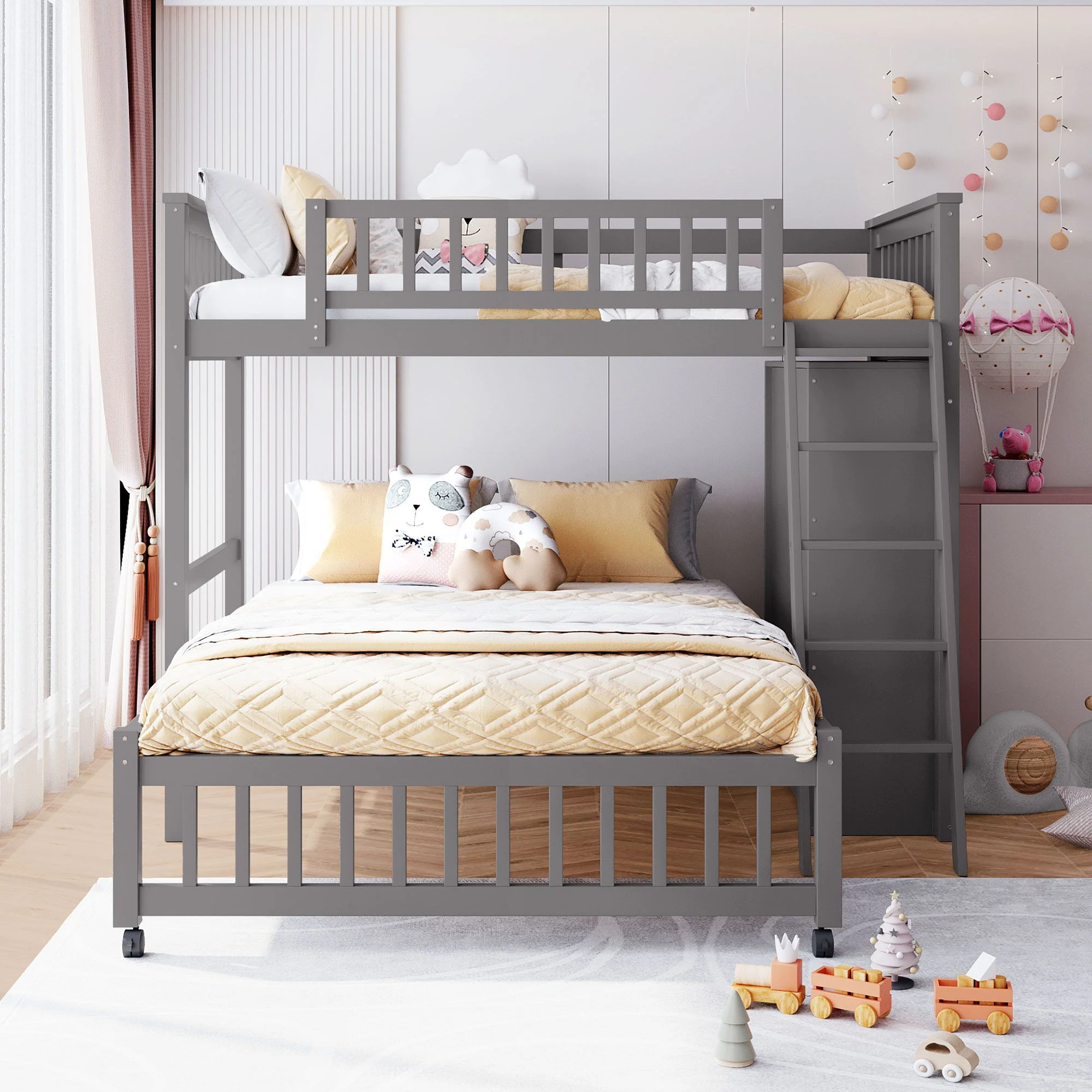 Bunk Bed With 6 Drawers And Flexible Shelves, Bottom Bed With Wheels - Image 14