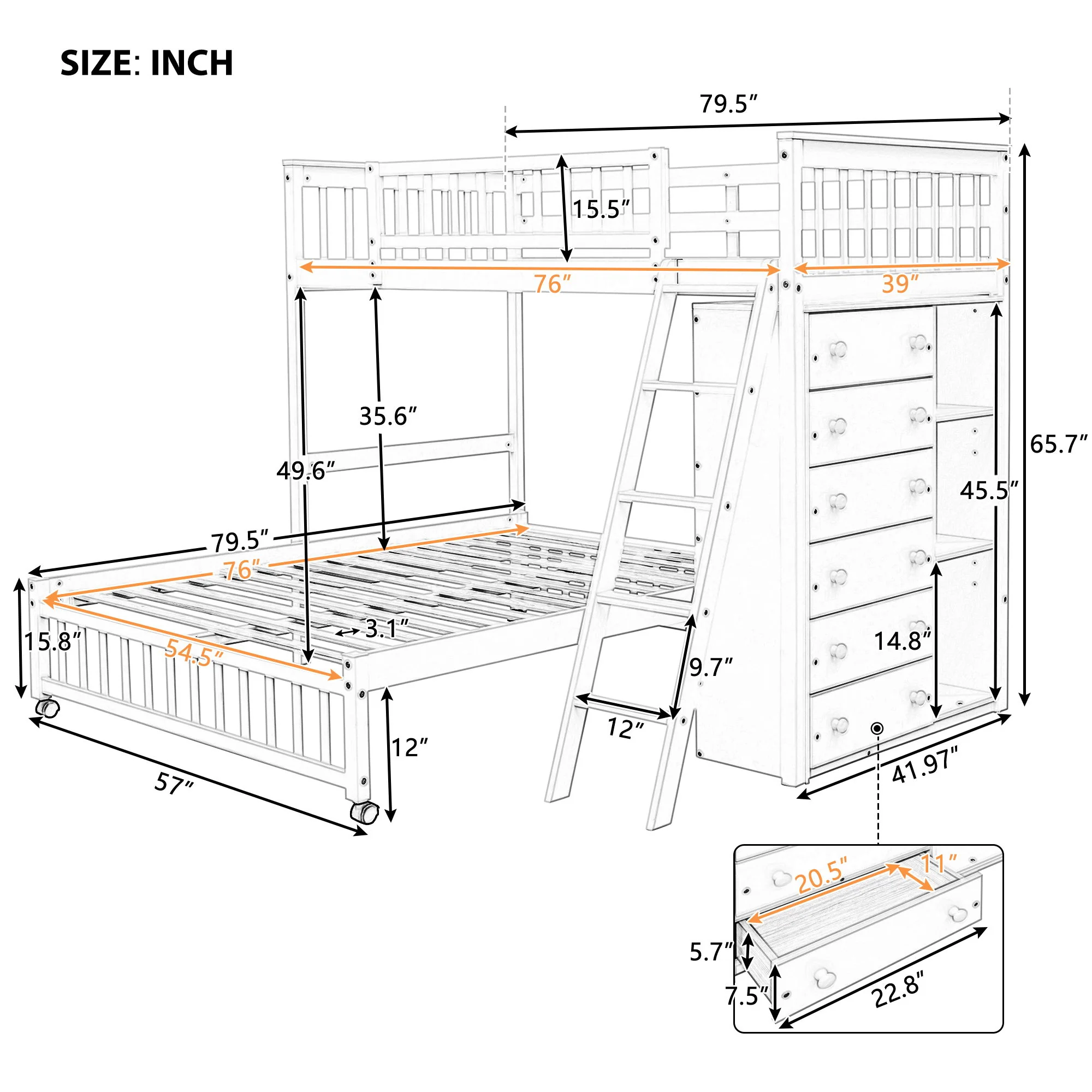 Bunk Bed With 6 Drawers And Flexible Shelves, Bottom Bed With Wheels - Image 17