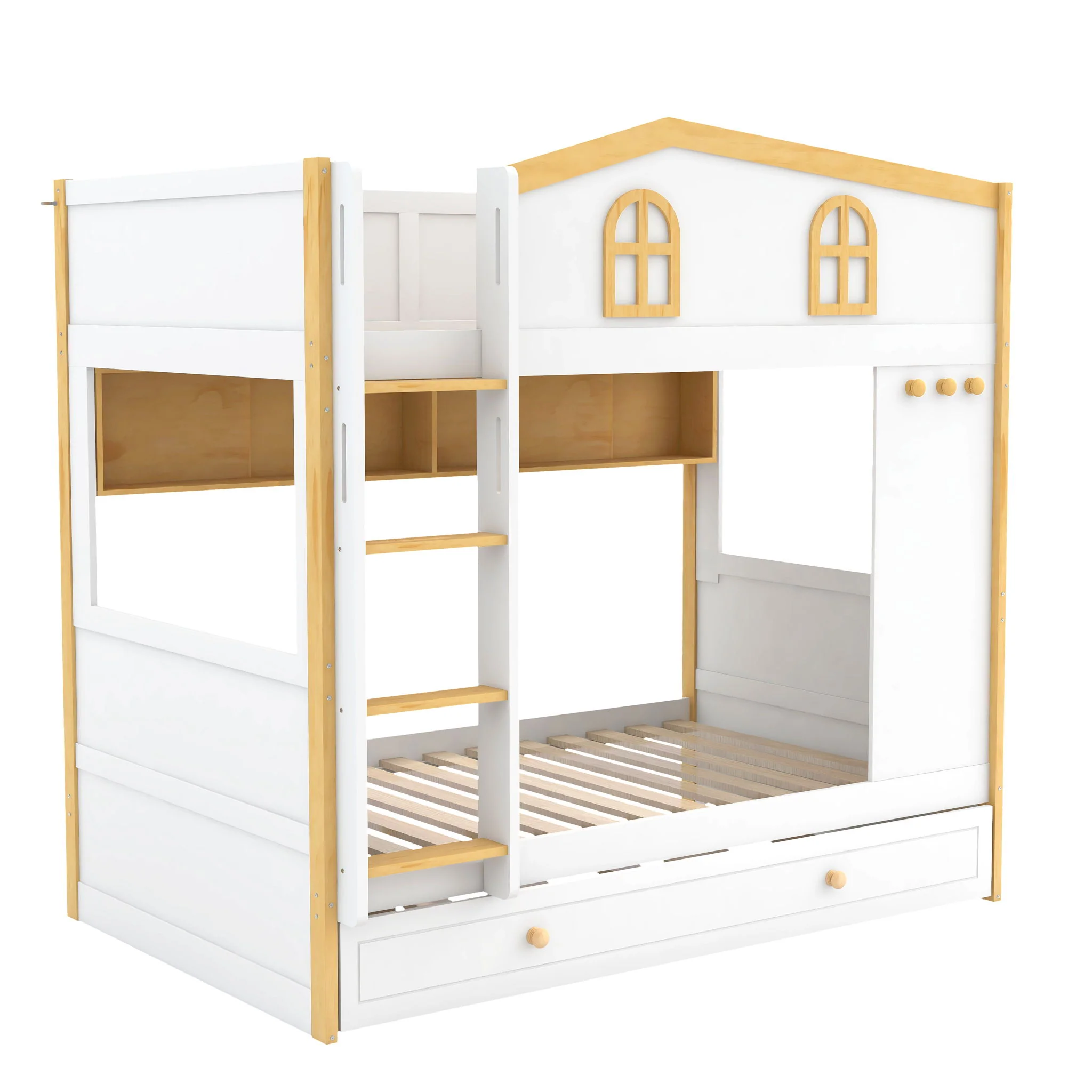 Bunk Bed With House Shaped Guardrails, Storage Shelves, And Trundle - Image 4