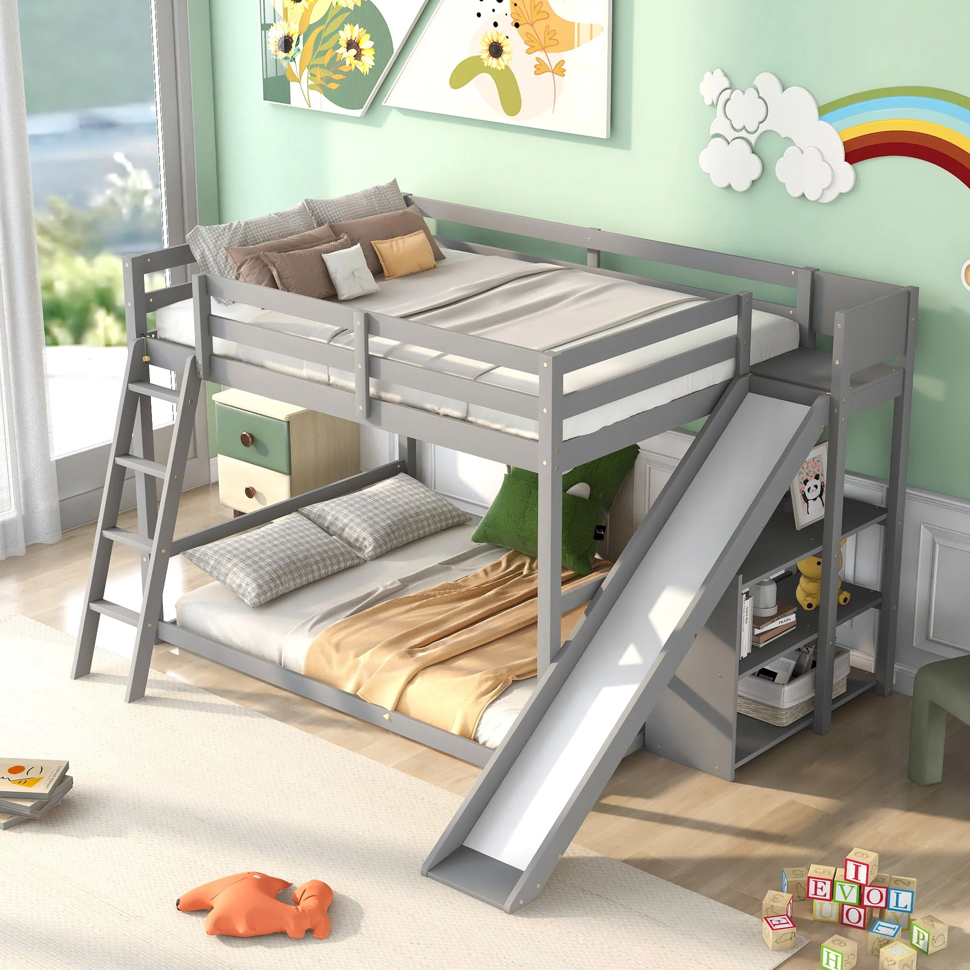 Bunk Bed With Ladder, Slide, And Shelves Pine Wood - Image 8