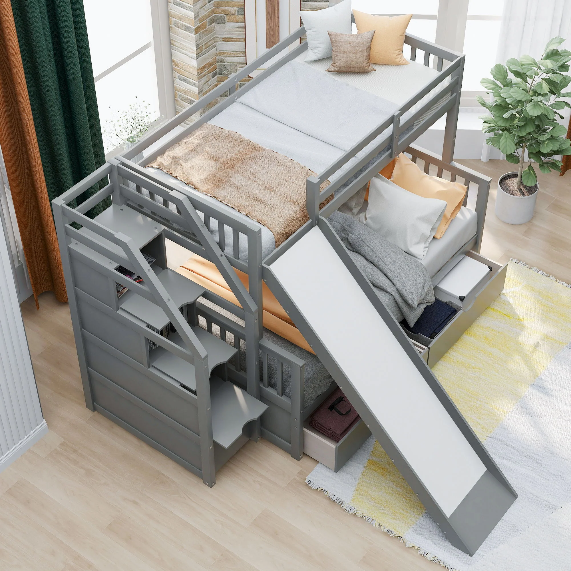 Bunk Bed With Storage Staircase, Slide, Desk, Drawers, And Shelves - Image 18