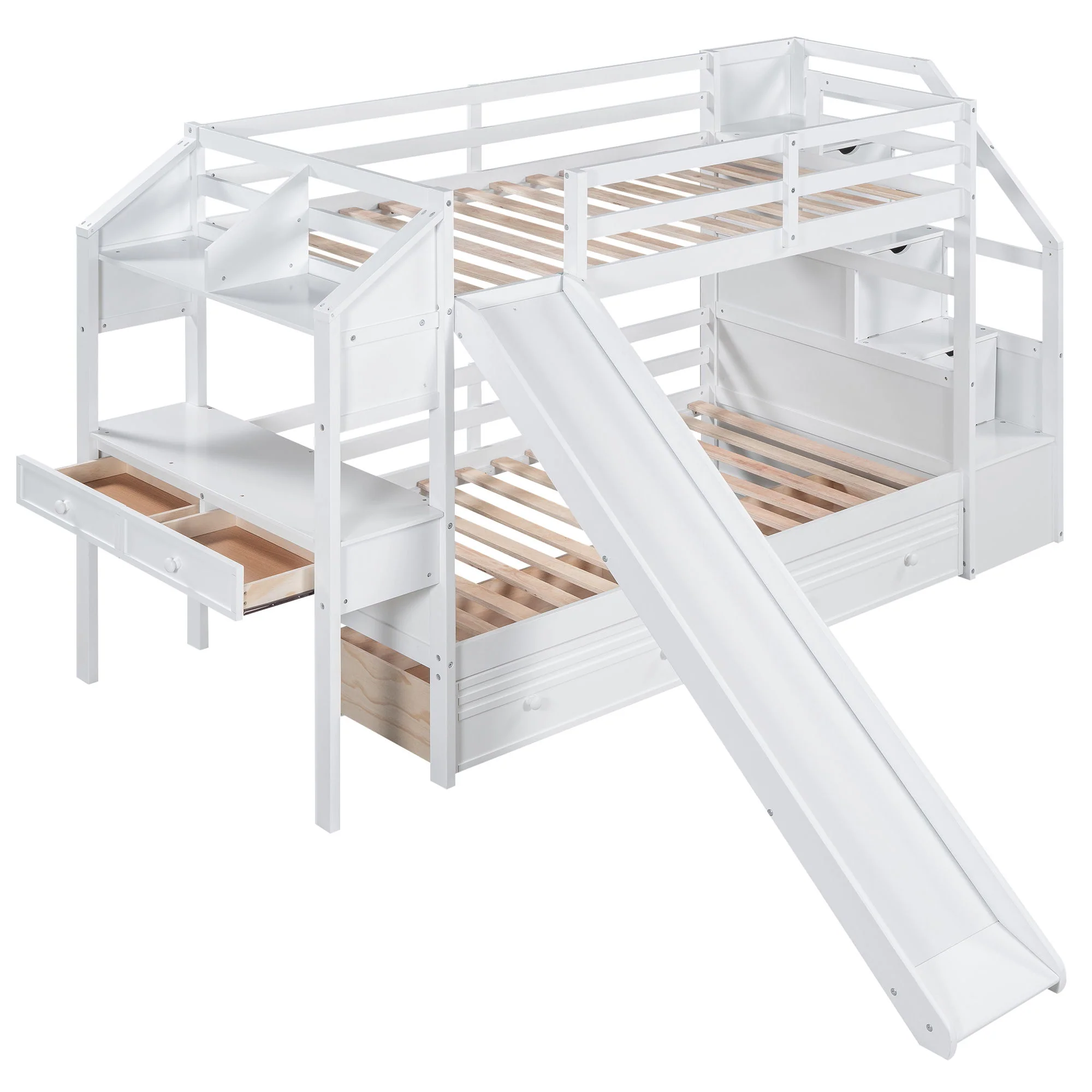 Bunk Bed With Storage Staircase, Slide, Desk, Drawers, And Shelves - Image 25