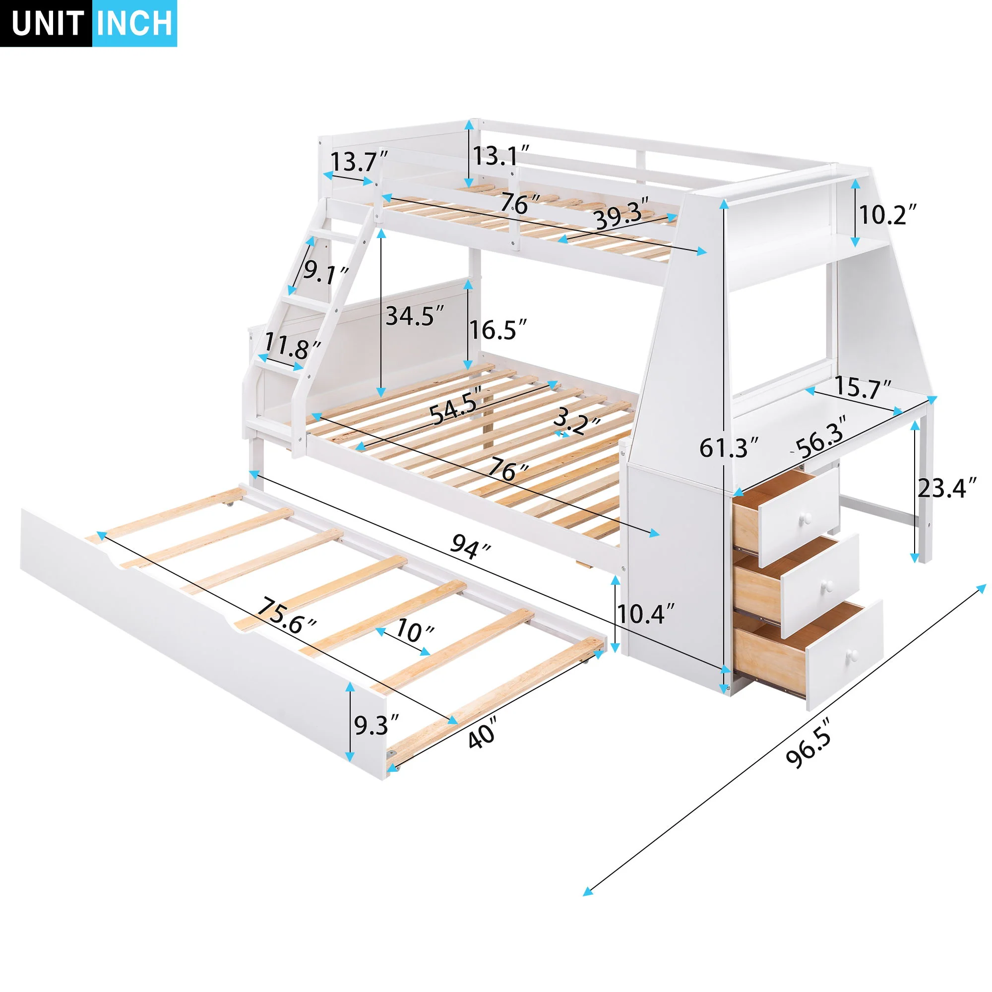 Bunk Bed With Trundle And Built In Desk, 3 Storage Drawers And Shelf - Image 12