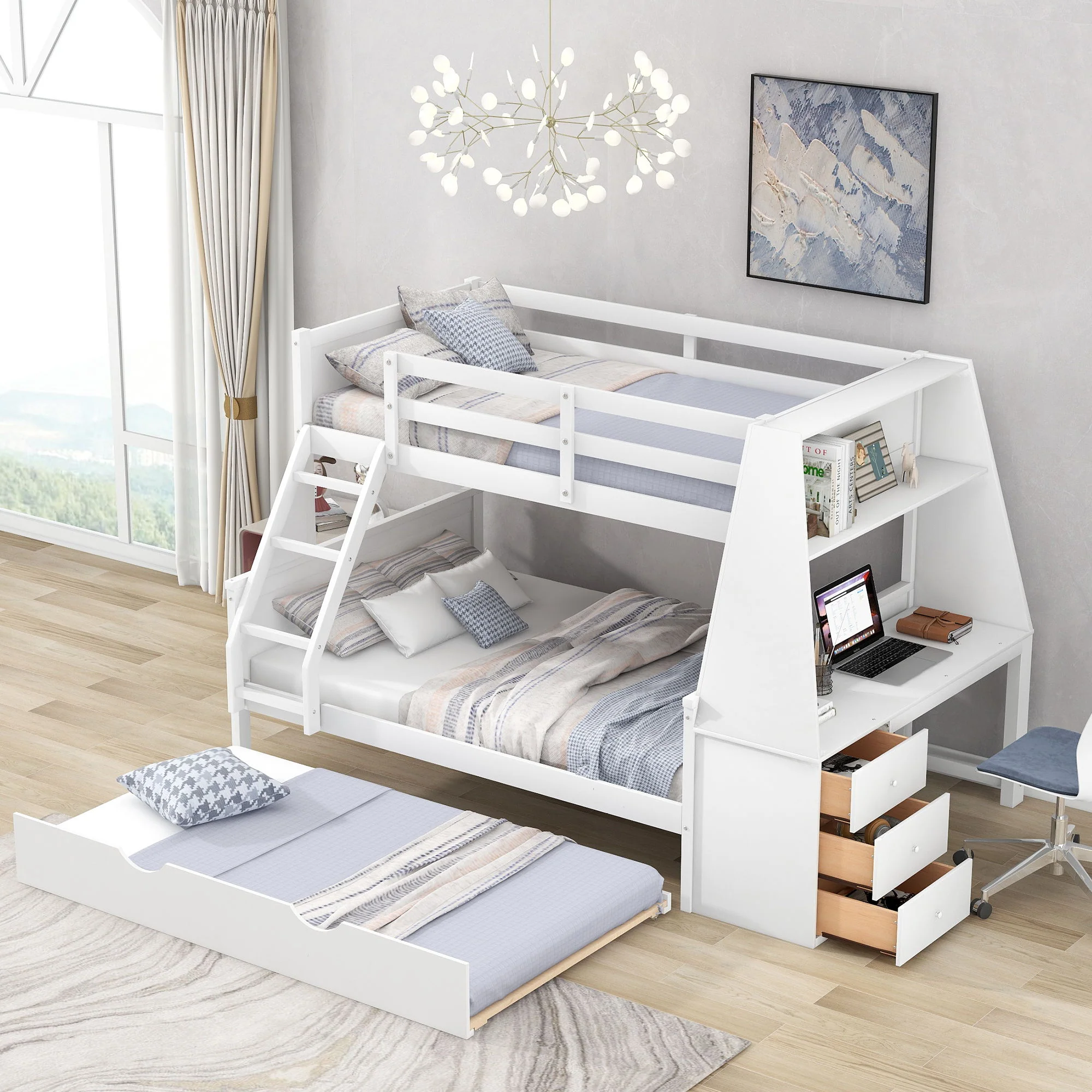 Bunk Bed With Trundle And Built In Desk, 3 Storage Drawers And Shelf - Image 17