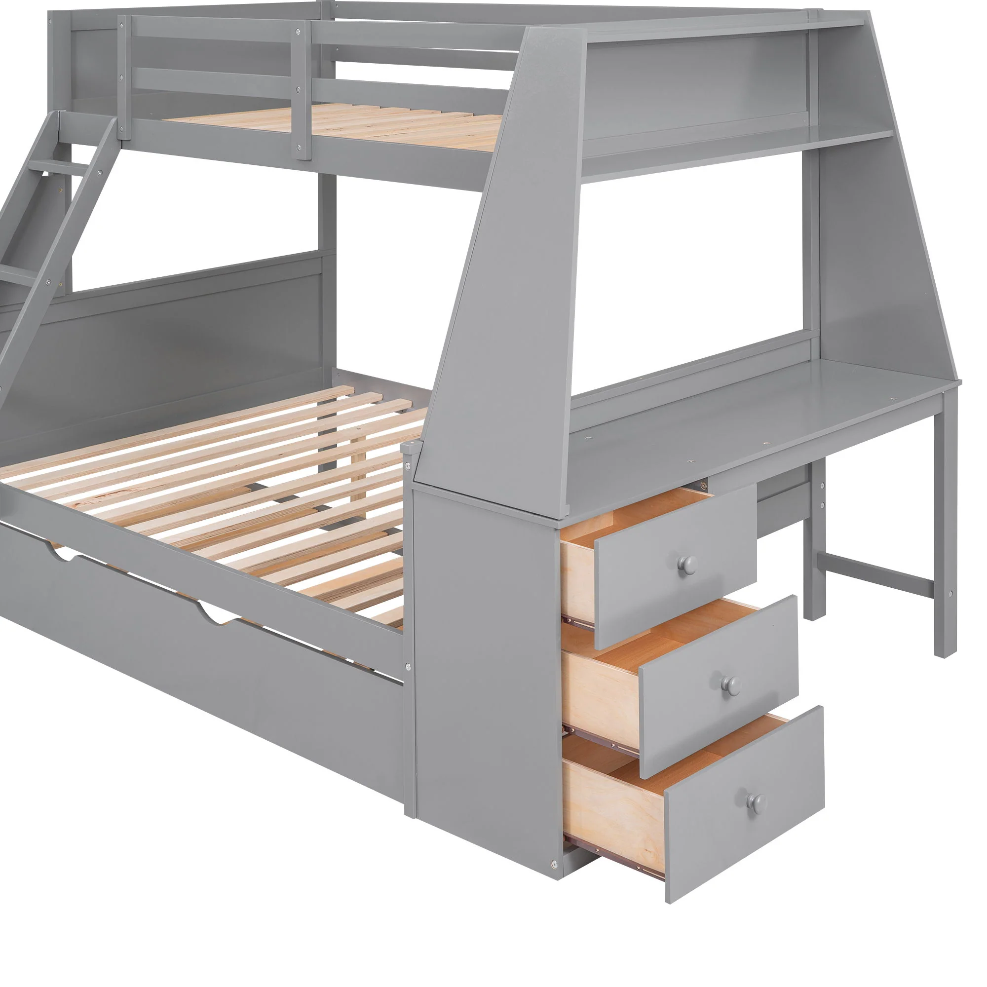 Bunk Bed With Trundle And Built In Desk, 3 Storage Drawers And Shelf - Image 5