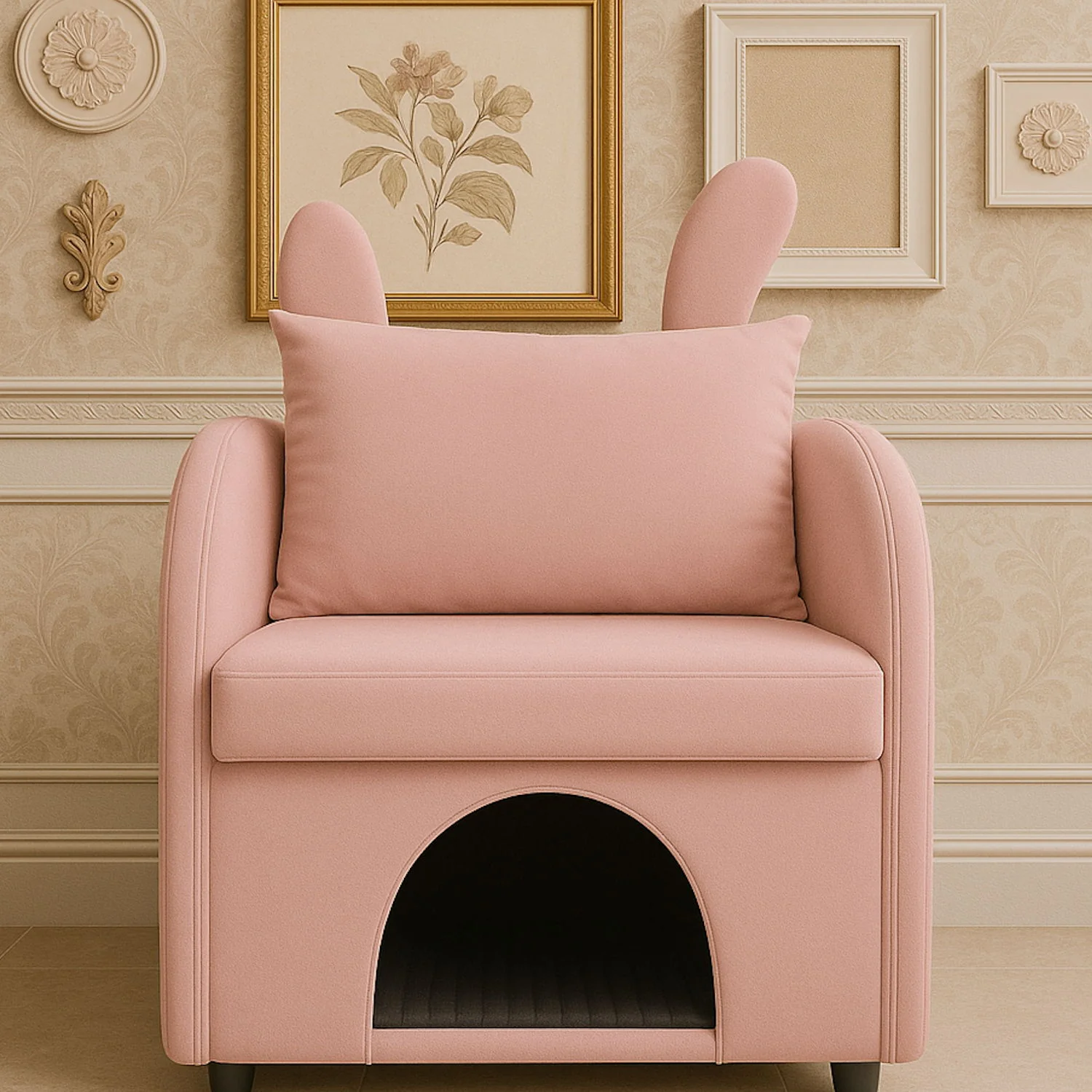 Bunny Ear Pet Friendly Armchair With Hidden Pet House With Storage Pocket For Bedroom & Living Room - Pink - Image 6